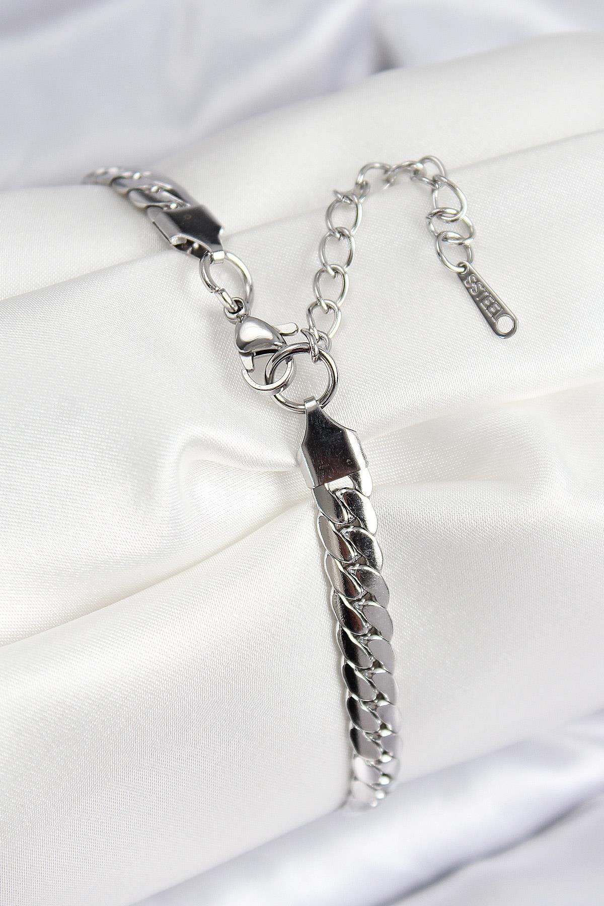 316L Çelik Ezme Zincir Model Gümüş Renk Kadın Bileklik