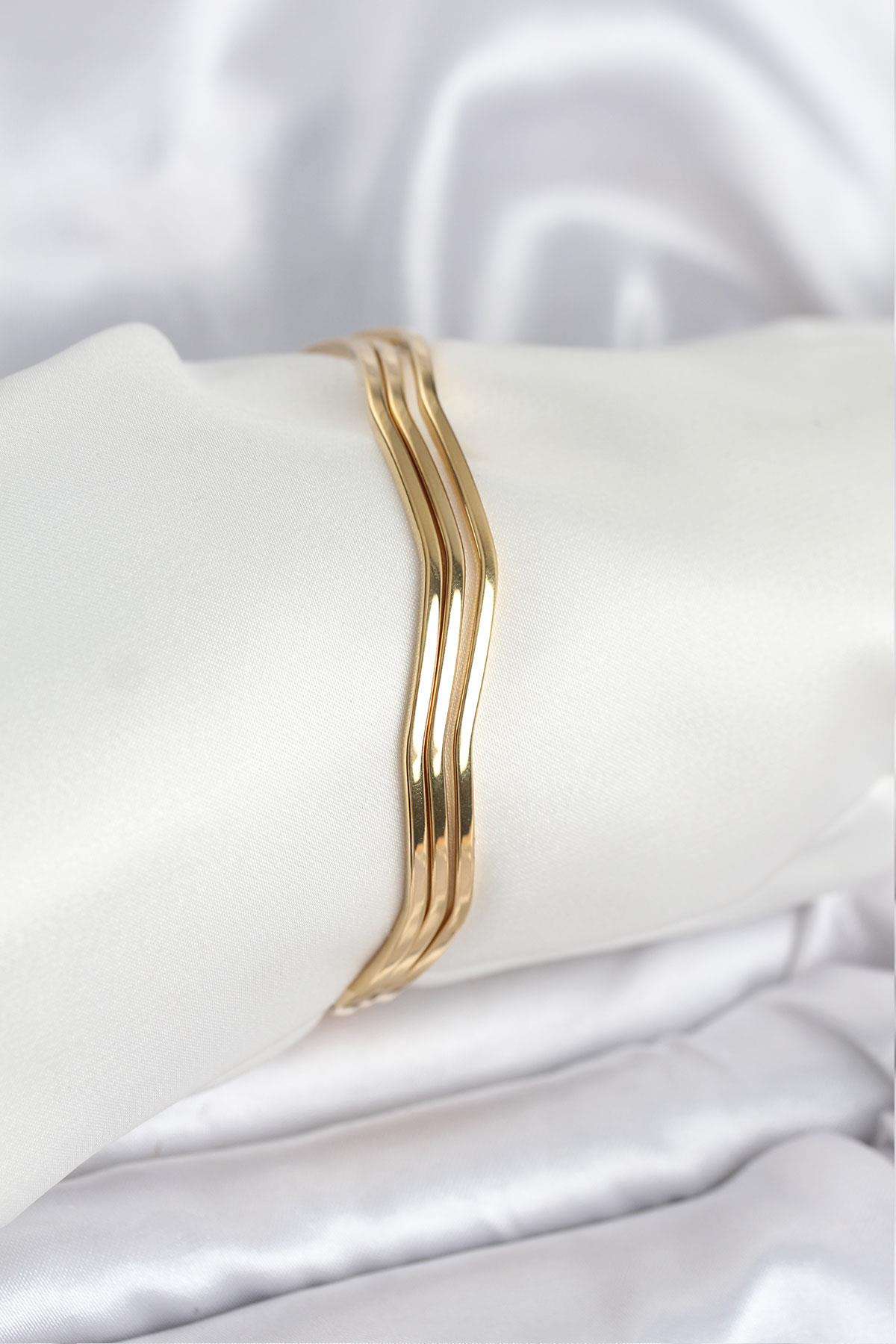 316L Çelik Gold Renk 65 mm Ajda Zikzak Model 3lü Kadın Bileklik