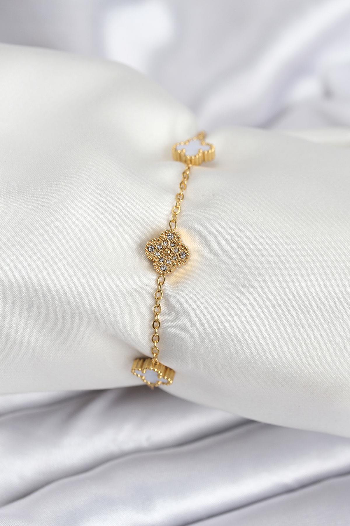 316L Çelik Gold Renk Beyaz ve Zirkon Taşlı Baby Boy Yonca Kadın Bileklik