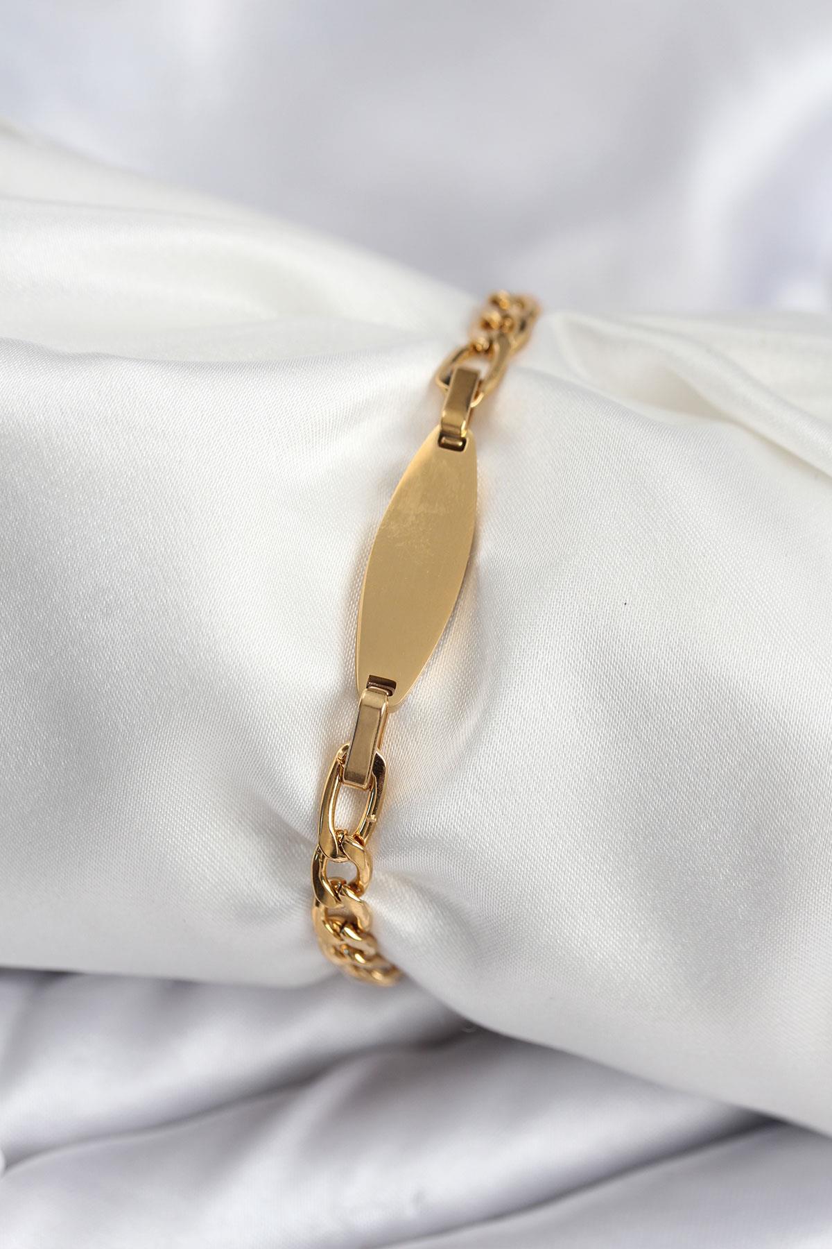 316L Çelik Gold Renk Oval Yazı Yazmaya Uygun Kadın Bileklik