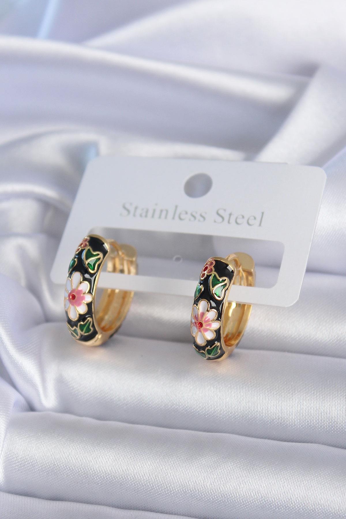 316L Çelik Gold Renk Siyah Çiçek İşleme Kadın Küpe