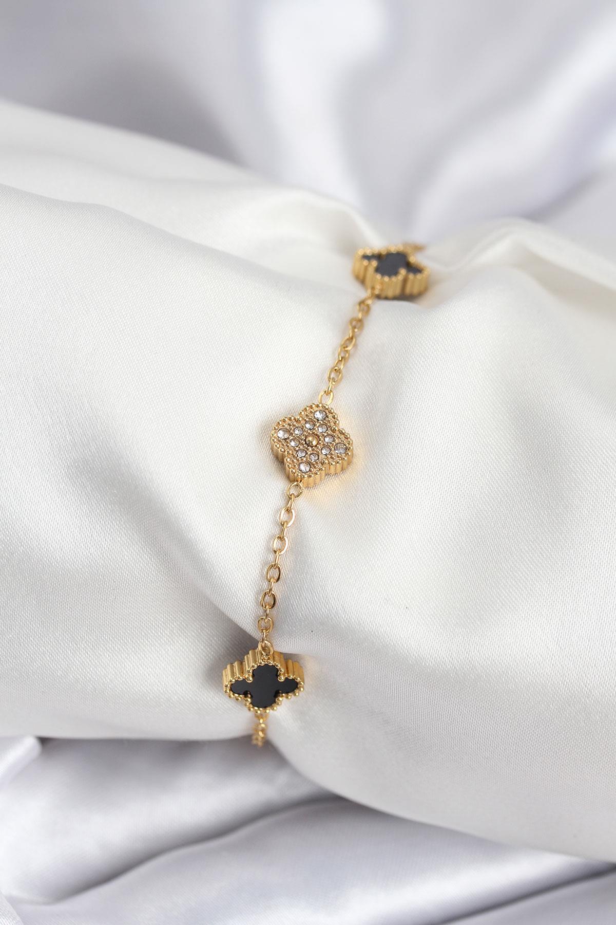 316L Çelik Gold Renk Siyah ve Zirkon Taşlı Baby Boy Yonca Kadın Bileklik