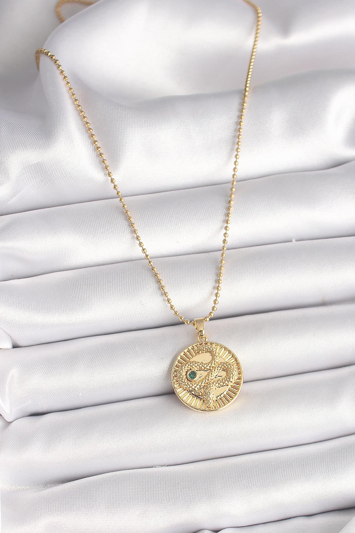 316L Çelik Gold Renk Topçuk Zincir Yılan İşlemeli Zirkon Taş Detaylı Madalyon Model Kadın Kolye
