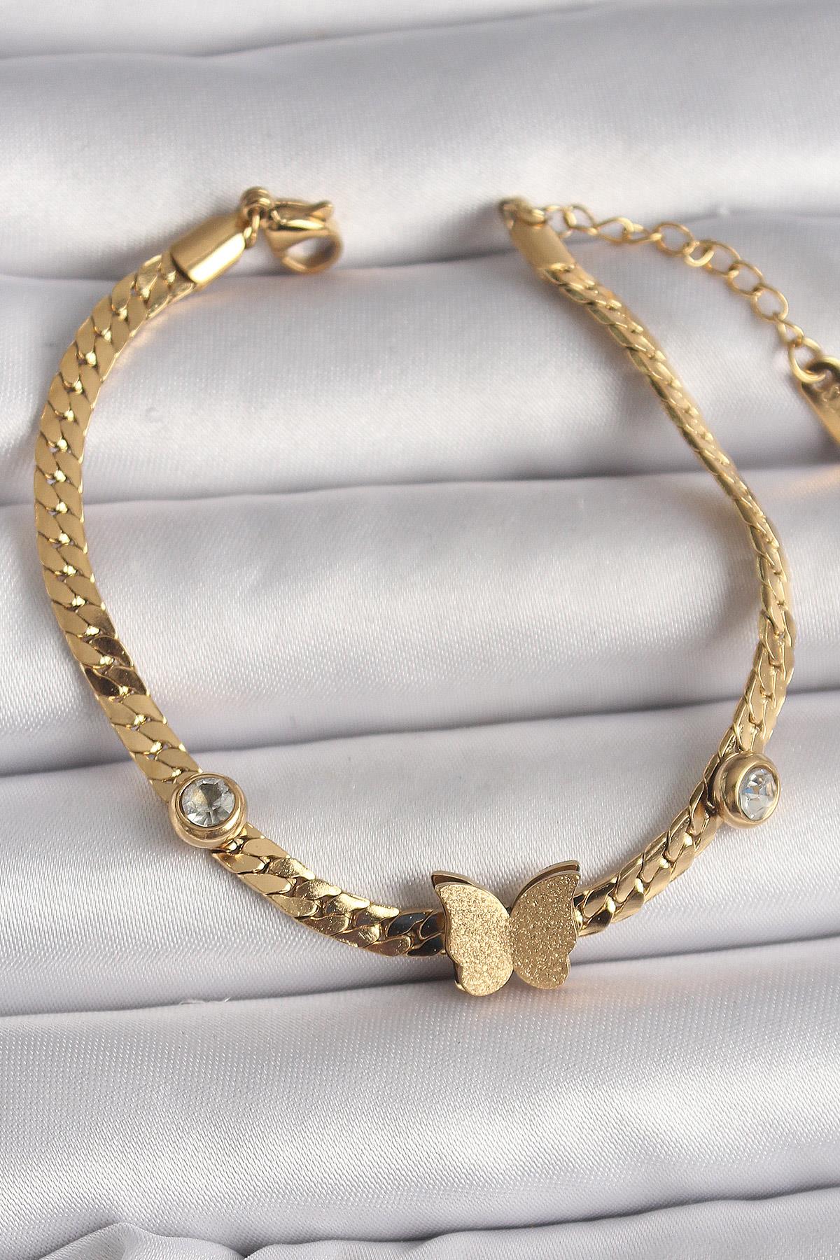 316L Çelik Gold Renk Yassı Zincir Zirkon Taşlı Simli Kelebek Figür Kadın Bileklik