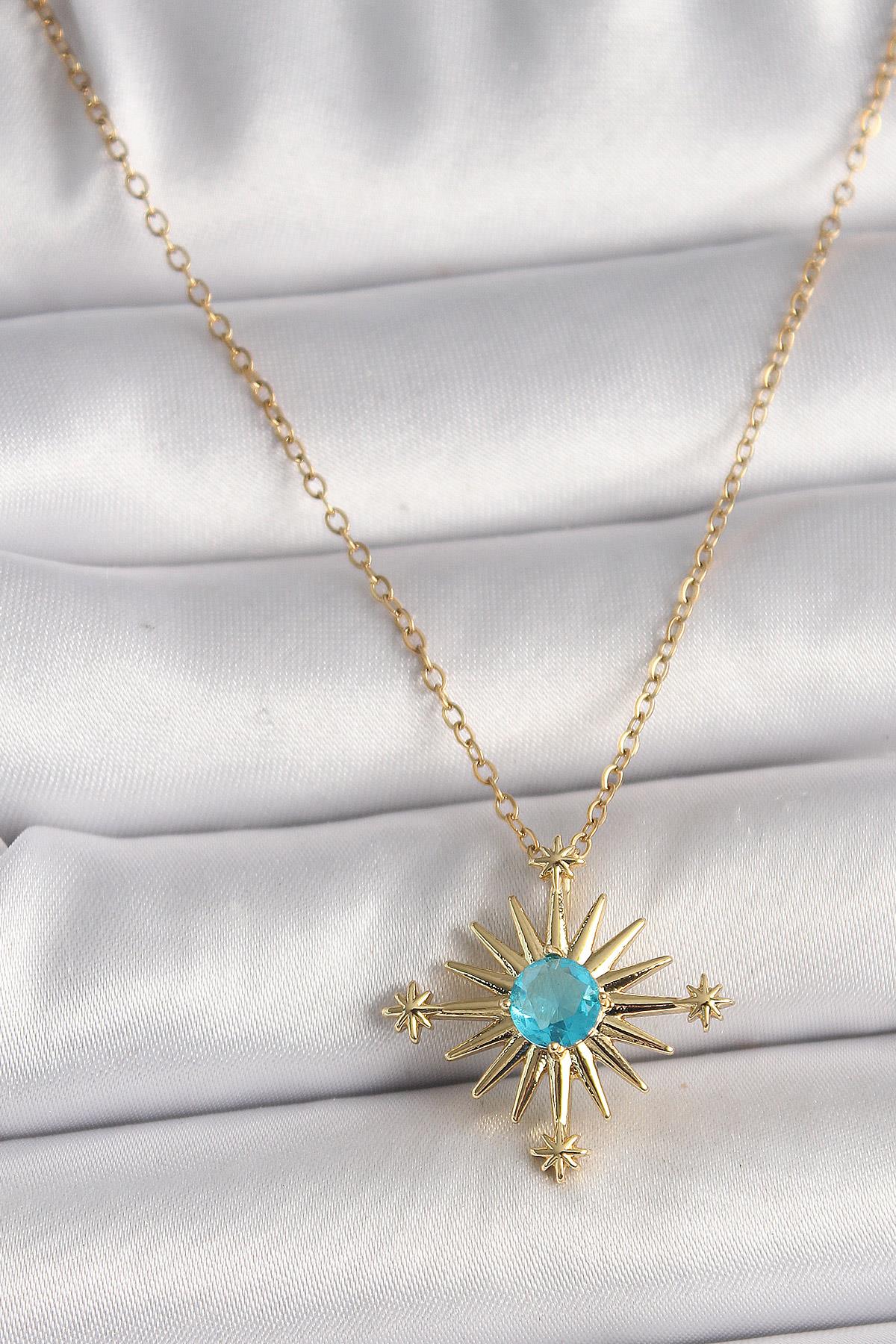 316L Çelik Gold Renk Zincir Mavi Taş Detaylı Kuzey Yıldız Model Kadın Kolye