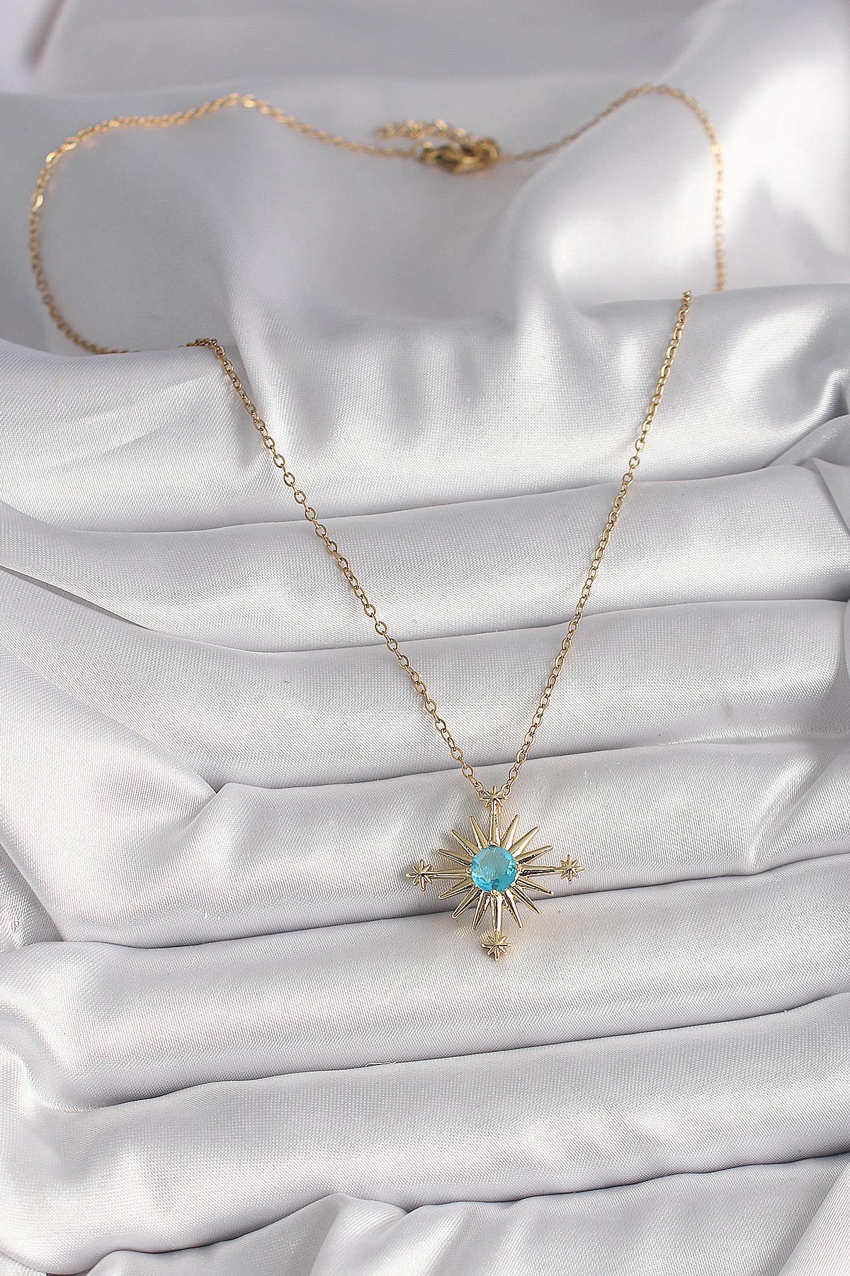 316L Çelik Gold Renk Zincir Mavi Taş Detaylı Kuzey Yıldız Model Kadın Kolye