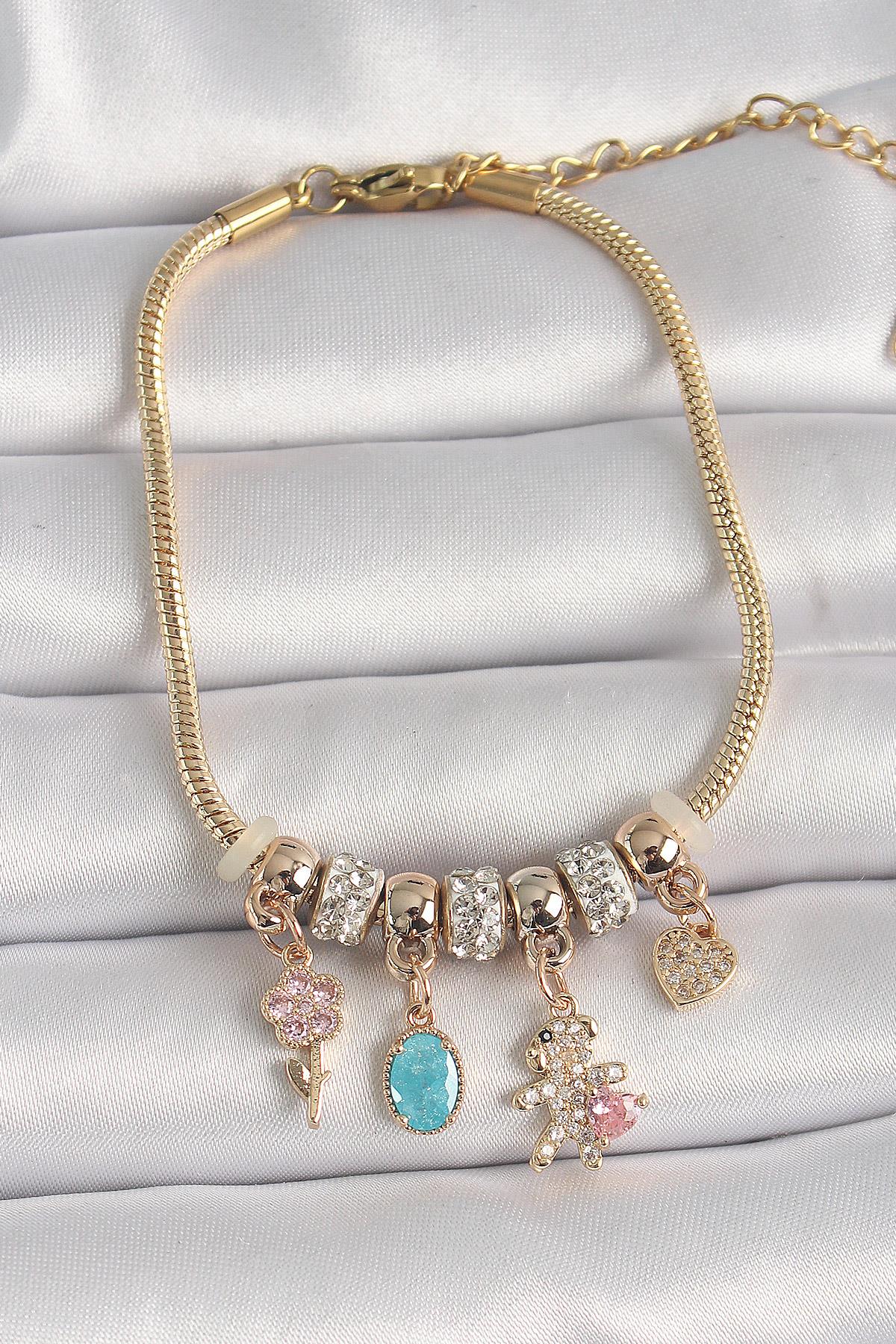 316L Çelik Gold Renk Zincir Sallantı Zirkon Taşlı Ayıcık Figür Çiçek Detay Kadın Bileklik