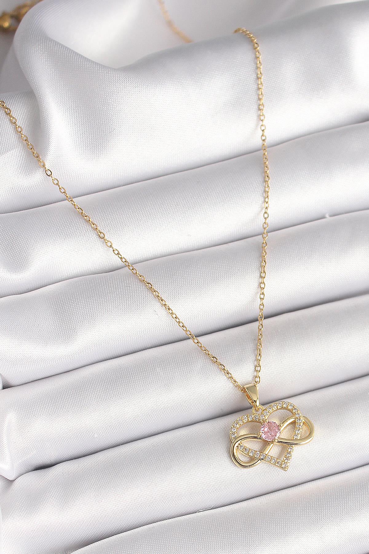 316L Çelik Gold Renk Zincir Zirkon Taşlı Sonsuzluk Kalp Model Kadın Kolye