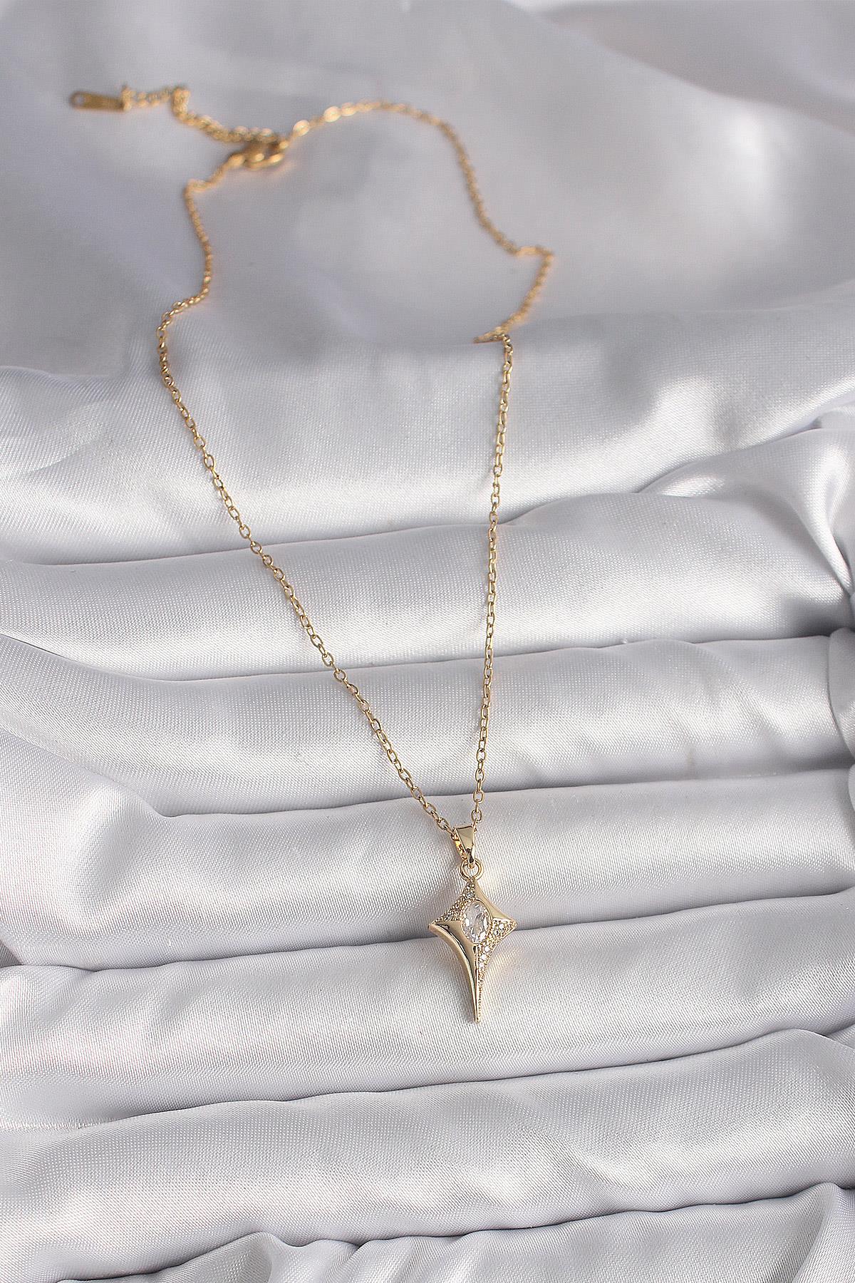 316L Çelik Gold Renk Zincir Zirkon Taşlı Kuzey Yıldızı Model Kadın Kolye