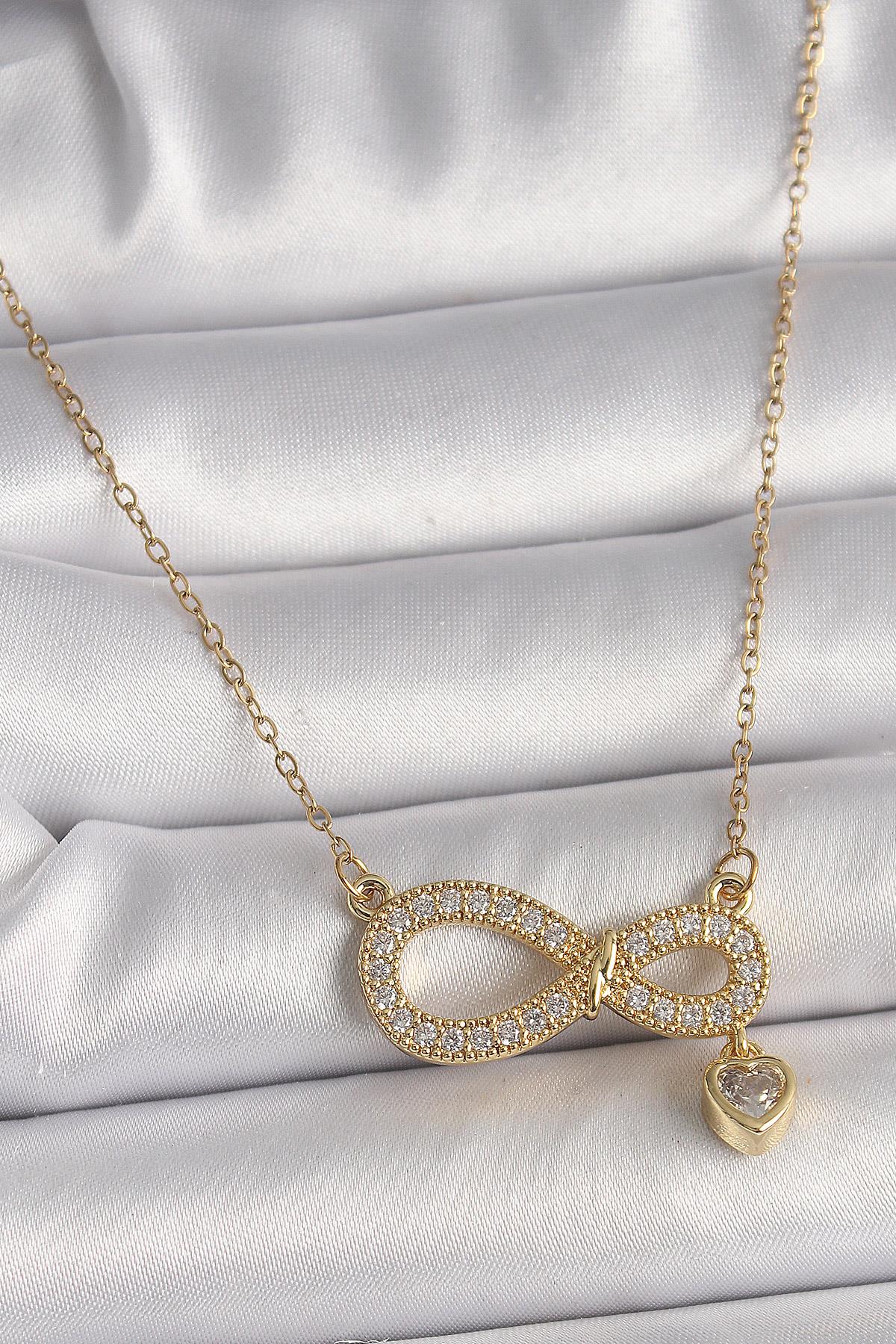 316L Çelik Gold Renk Zincir Zirkon Taşlı Sonsuzluk Model Sallantı Taşlı Kalp Detay Kadın Kolye