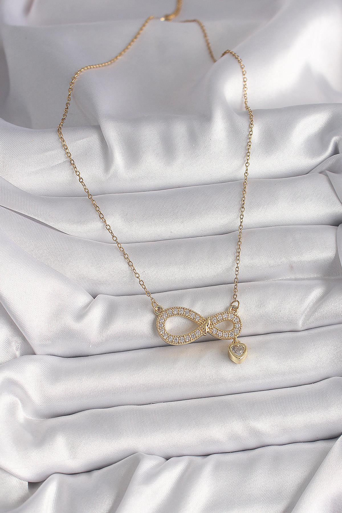 316L Çelik Gold Renk Zincir Zirkon Taşlı Sonsuzluk Model Sallantı Taşlı Kalp Detay Kadın Kolye