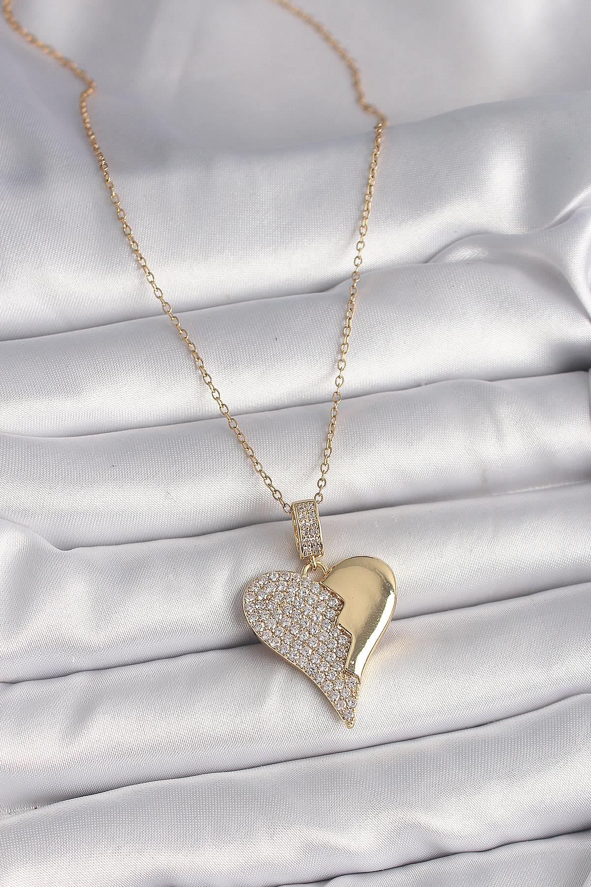 316L Çelik Gold Renk Zincir Zirkon Taşlı Kırık Kalp Model Kadın Kolye