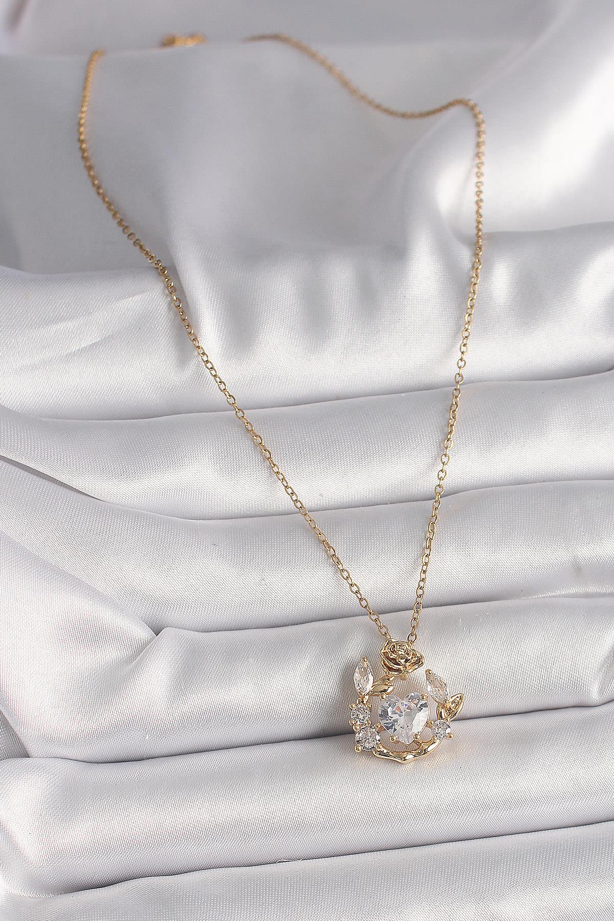 316L Çelik Gold Renk Zincir Zirkon Taşlı Kalp Model Gül Detay Kadın Kolye