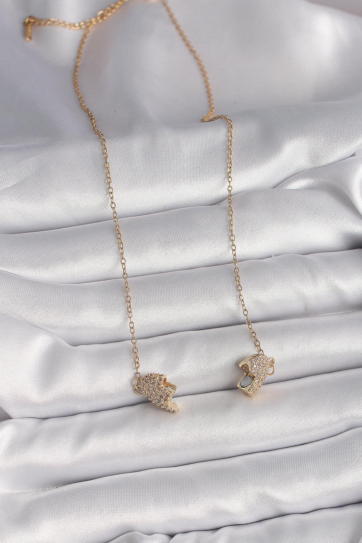 316L Çelik Gold Renk Zincir Zirkon Taşlı Mıknatıslı Kalp Model Kadın Kolye