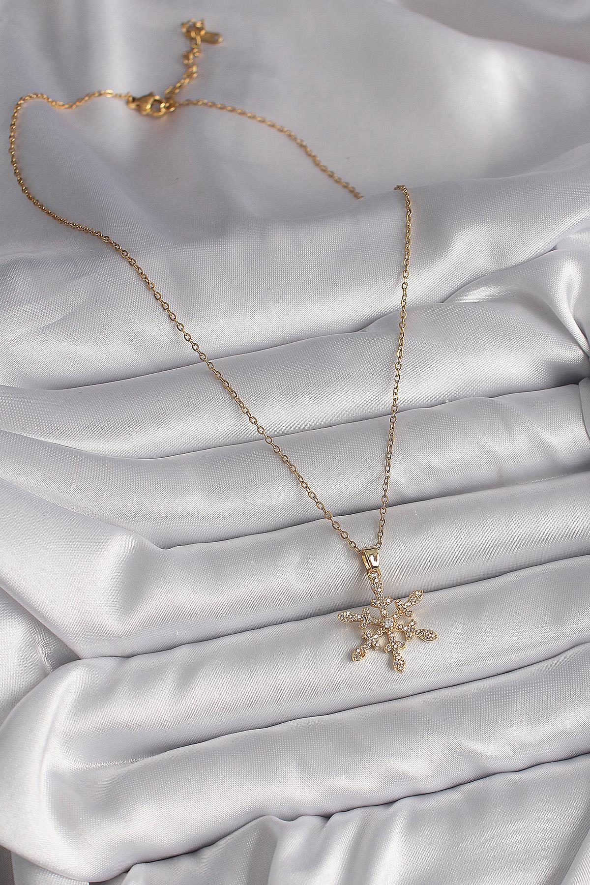 316L Çelik Gold Renk Zincir Zirkon Taşlı Kar Tanesi Model Kadın Kolye