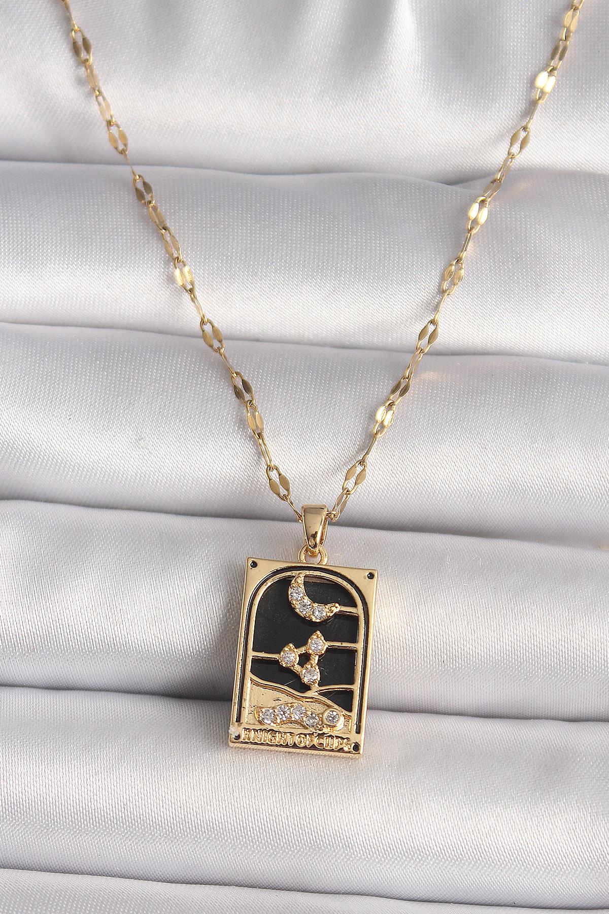 316L Çelik Gold Renk Zirkon Taşlı Ay Figürlü Tarot Model Kadın Kolye