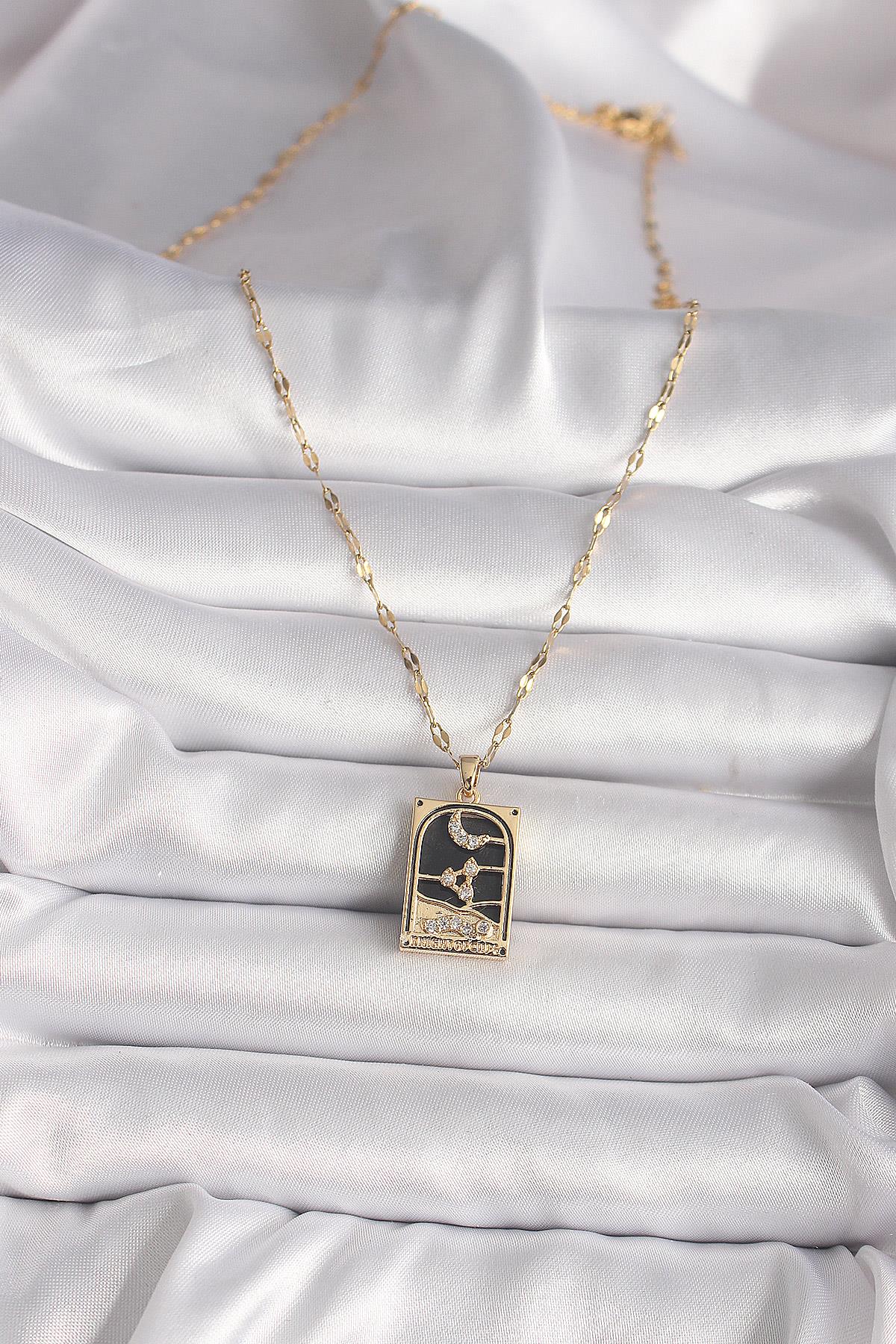 316L Çelik Gold Renk Zirkon Taşlı Ay Figürlü Tarot Model Kadın Kolye
