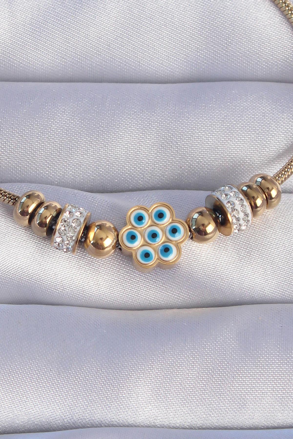 316L Çelik Gold Renk Zirkon Taşlı Nazarlı Çiçek Tasarımlı Bileklik