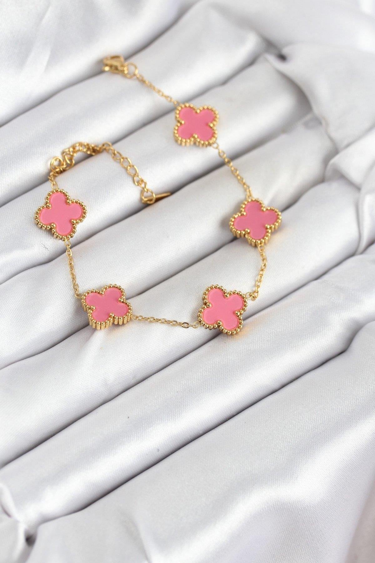 316L Çelik Gold Zincir Pembe Yonca Renk Bileklik