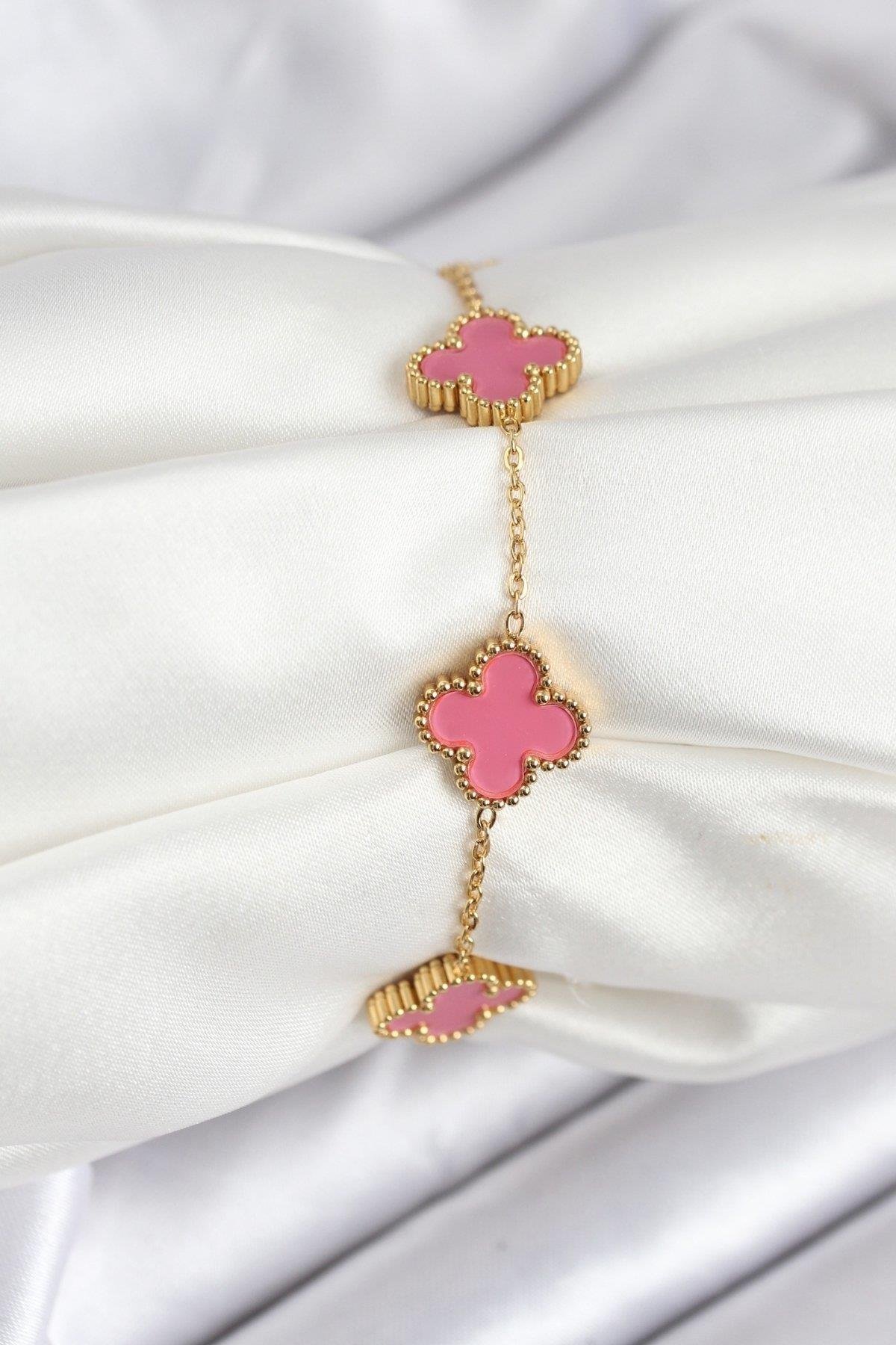 316L Çelik Gold Zincir Pembe Yonca Renk Bileklik
