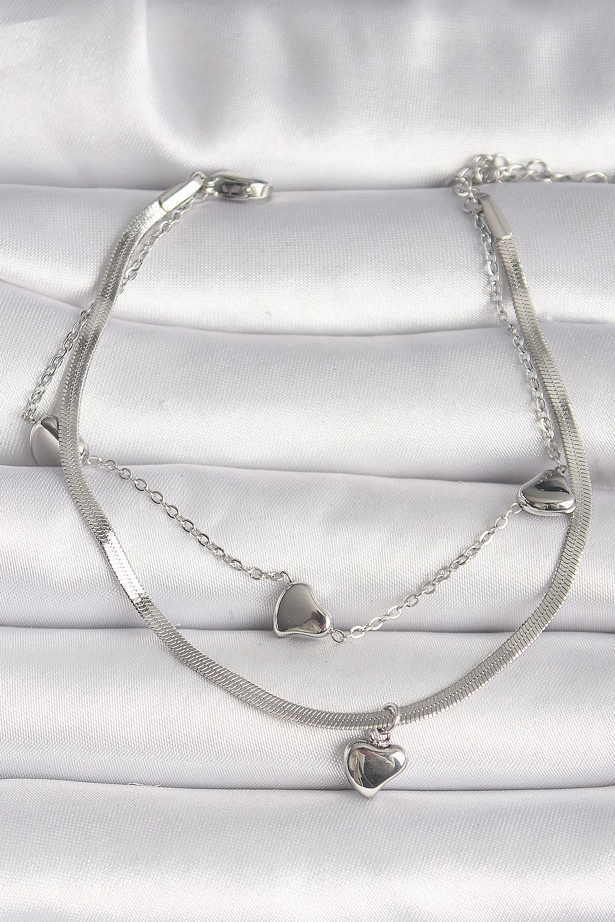 316L Çelik Gümüş Renk 2Li İtalyan Zincir Model Sallantı Kalp Figür Kadın Bileklik