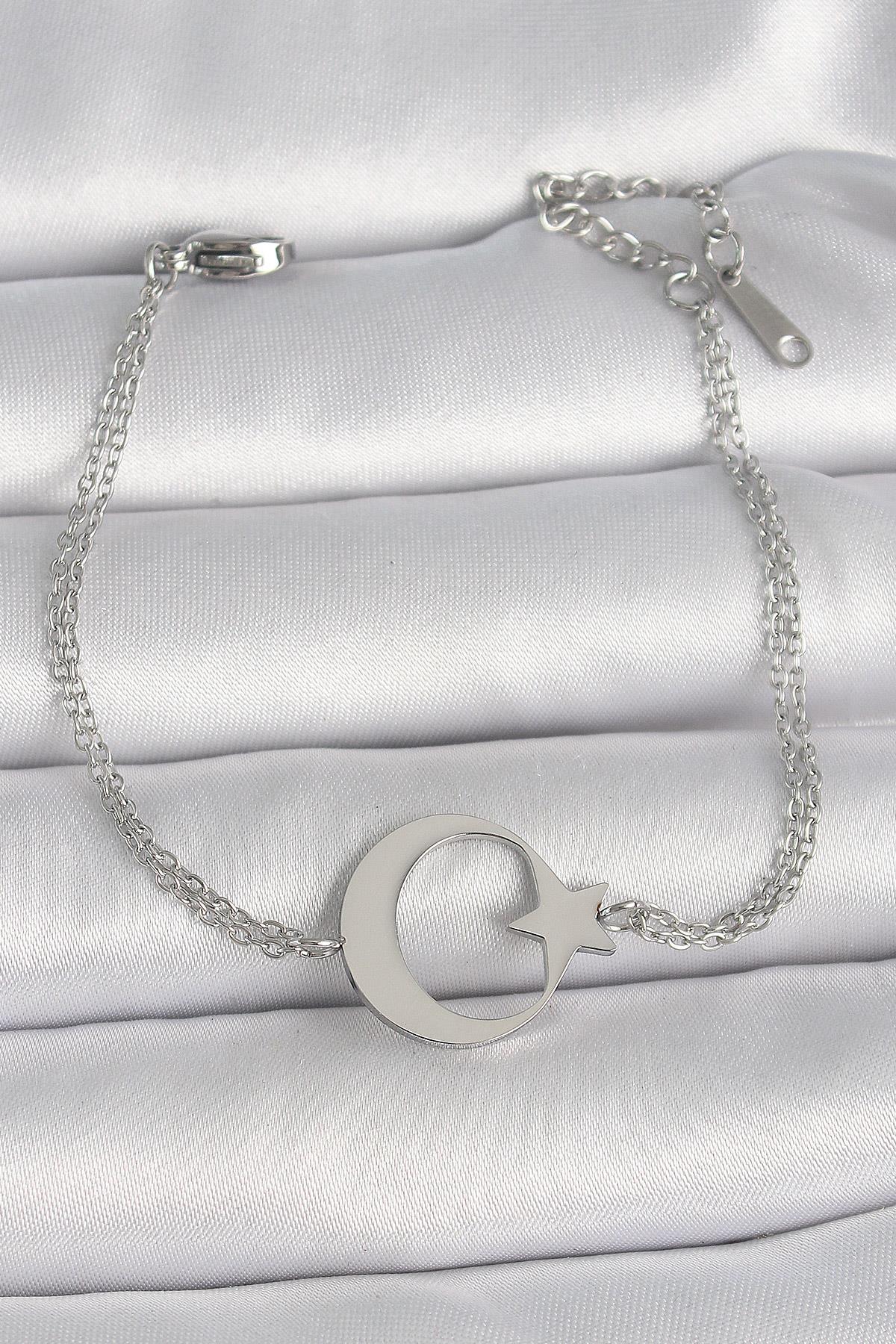 316L Çelik Gümüş Renk Ay Yıldız Model Kadın Bileklik