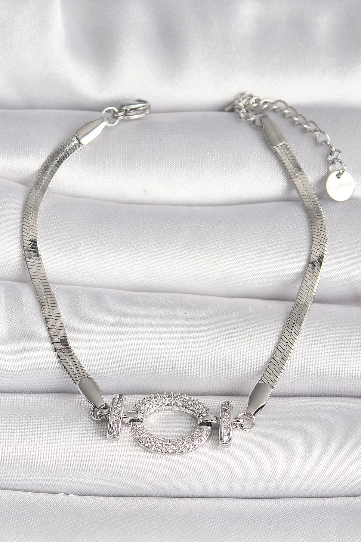 316L Çelik Gümüş Renk İtalyan Zincir Model Zirkon Taşlı Halka Figür Kadın Bileklik