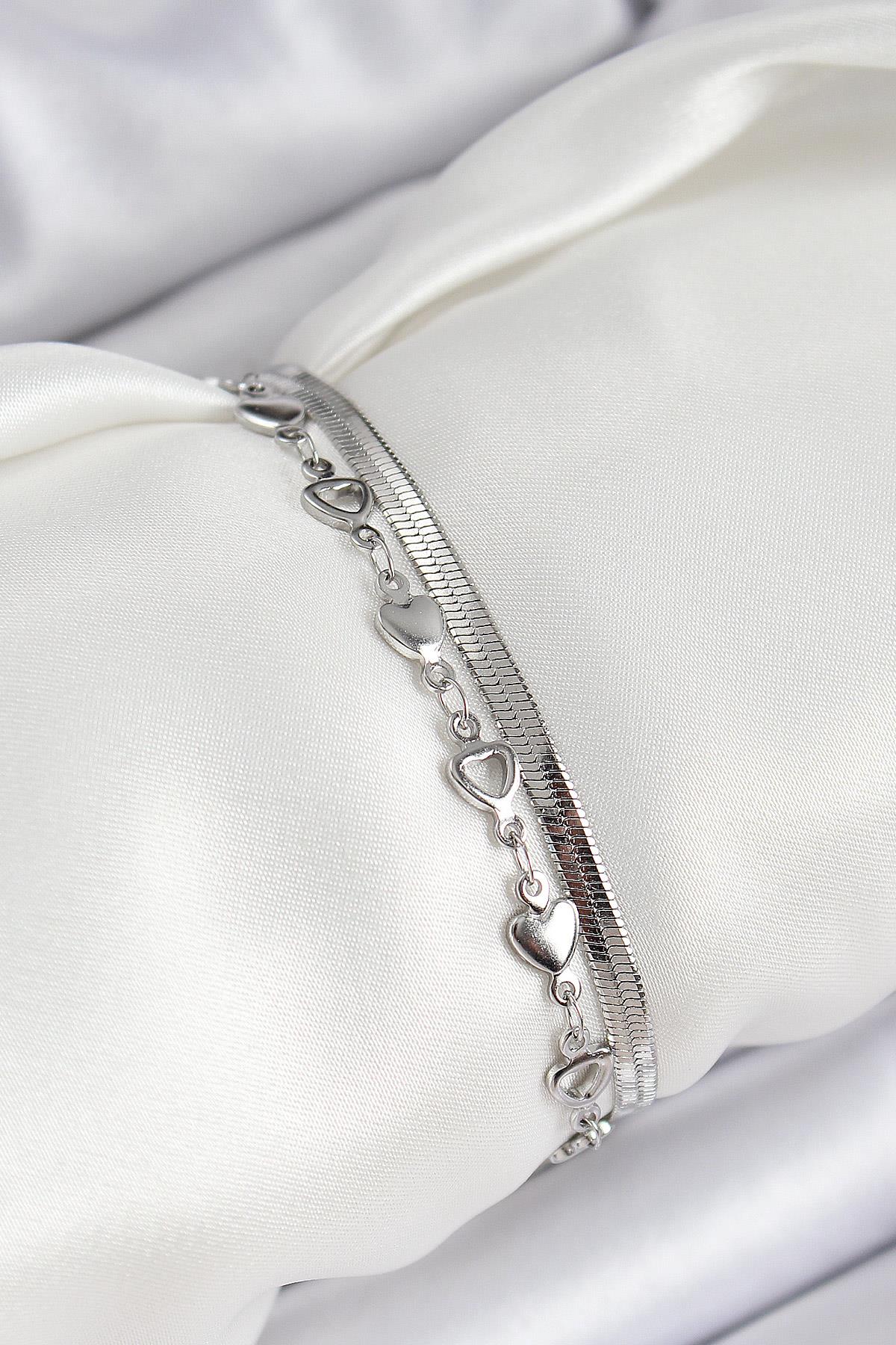 316L Çelik Gümüş Renk Kalpli Zincir ve İtalyan Zincirli 2li Kadın Bileklik