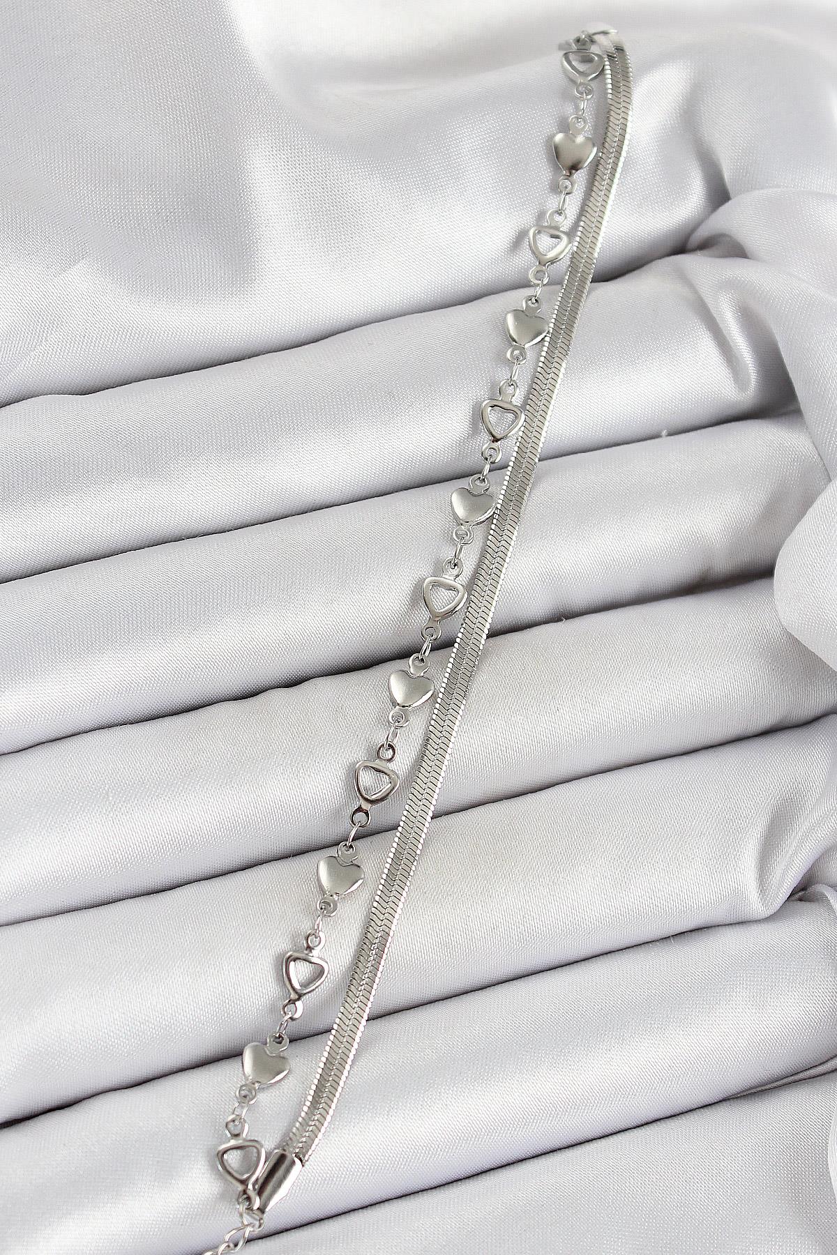 316L Çelik Gümüş Renk Kalpli Zincir ve İtalyan Zincirli 2li Kadın Bileklik