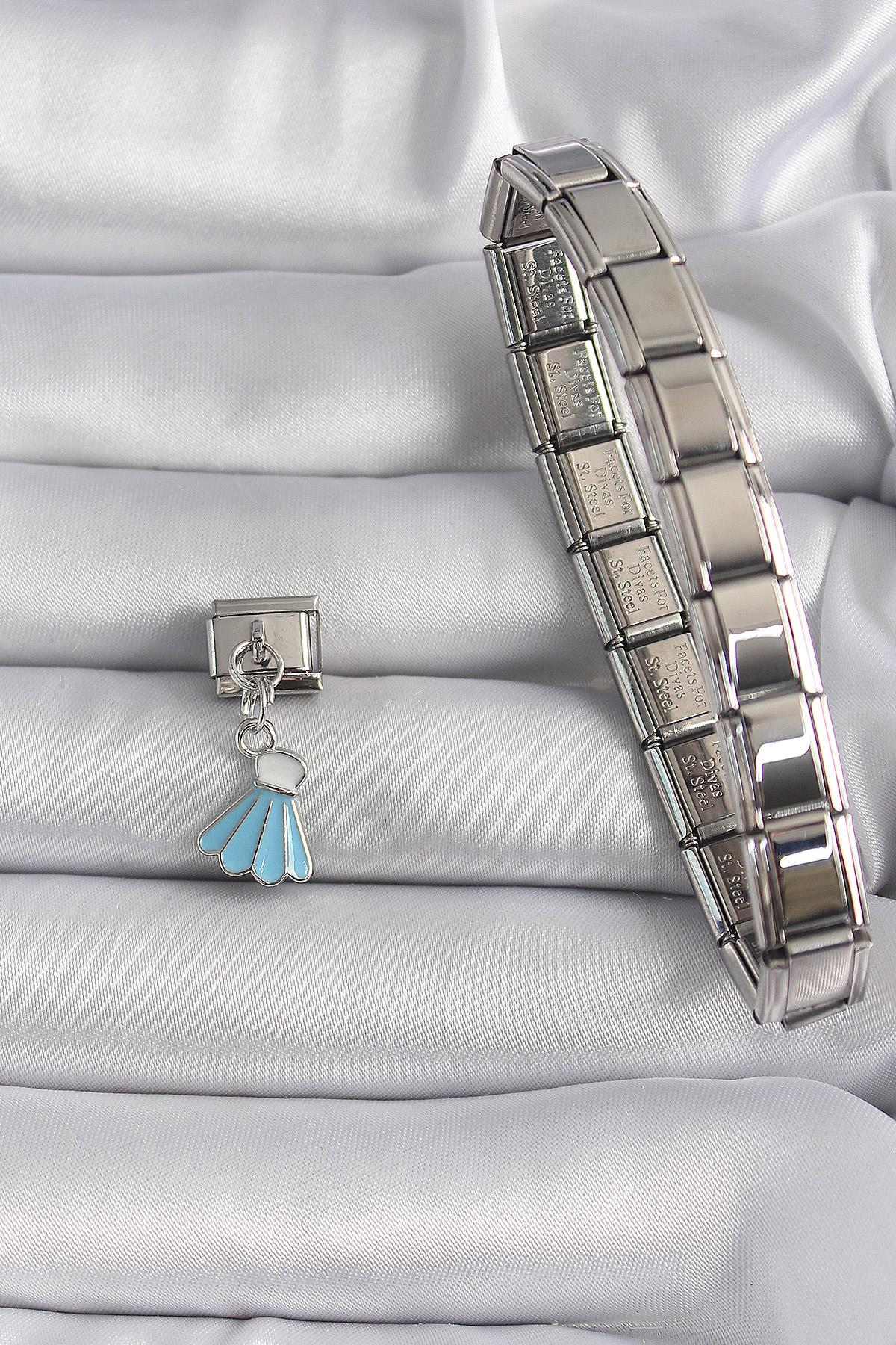 316L Çelik Gümüş Renk Mavi Renk Sallantı Elbise Model Nomination Charm