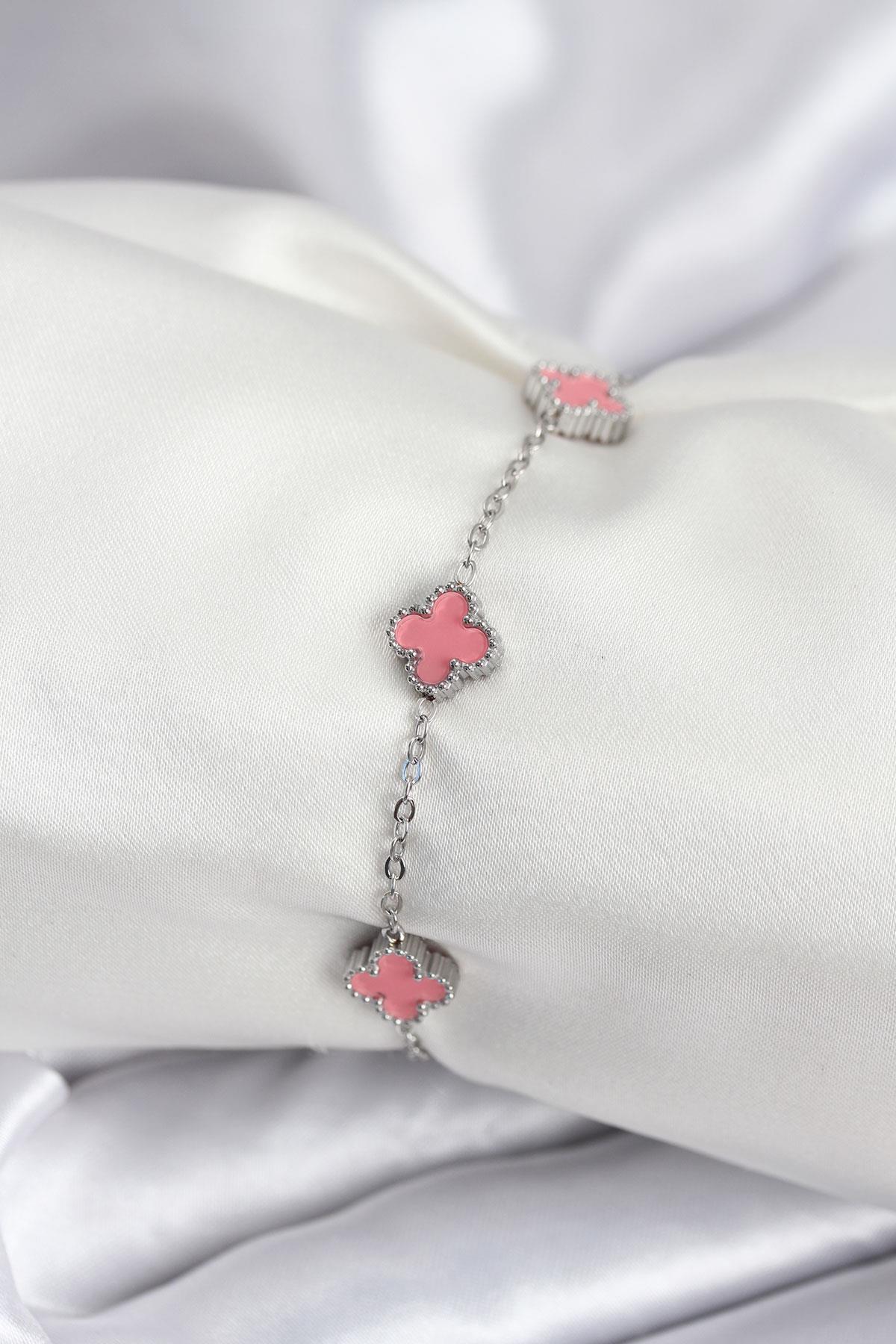 316L Çelik Gümüş Renk Pembe Baby Boy Yonca Kadın Bileklik