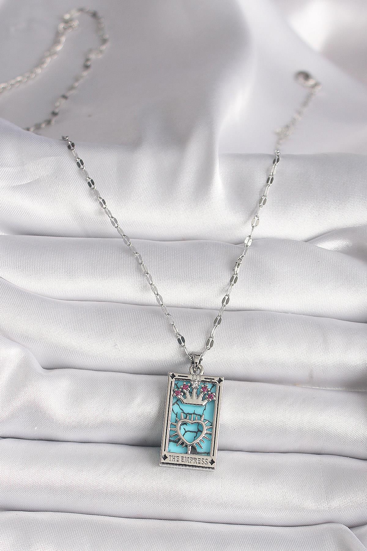 316L Çelik Gümüş Renk Pembe Zirkon Taşlı Taç Kalp Portre Model Kadın Kole