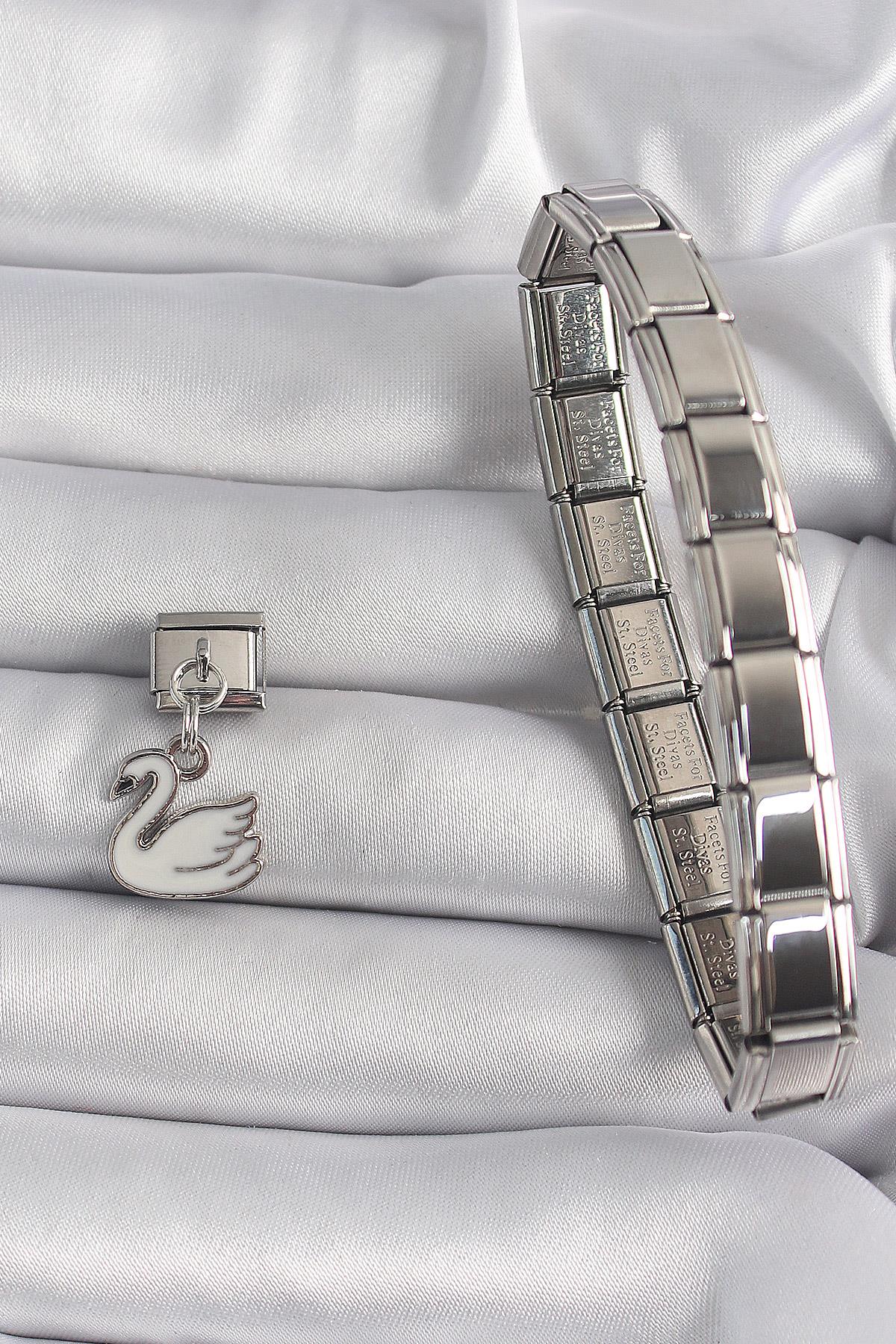 316L Çelik Gümüş Renk Sallantı Beyaz Kuğu Model Nomination Charm