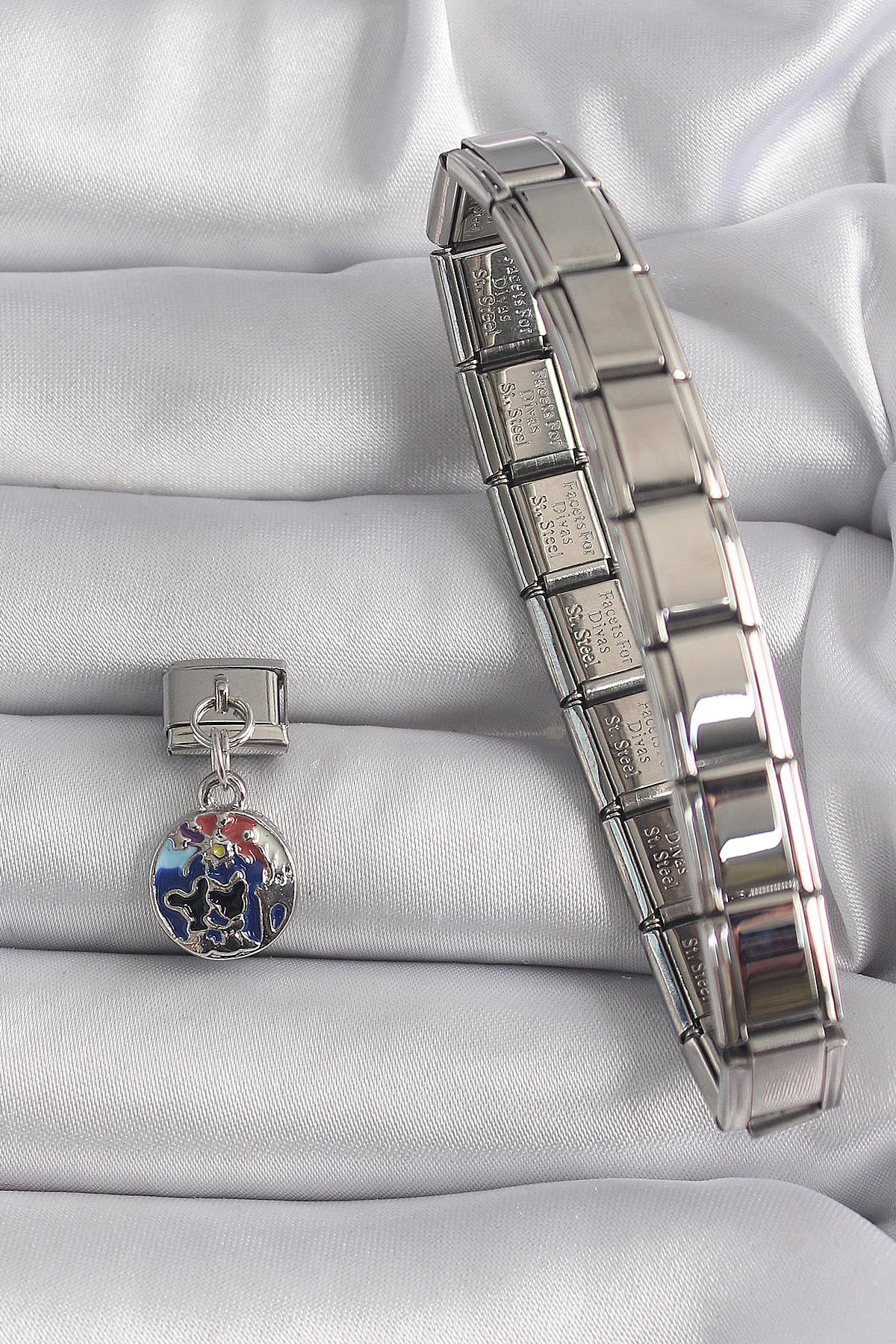 316L Çelik Gümüş Renk Sallantı Dünya Model Nomination Charm