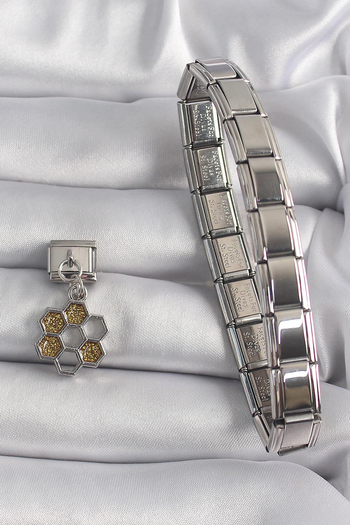 316L Çelik Gümüş Renk Sallantı Simli Bal Beteği Model Nomination Charm