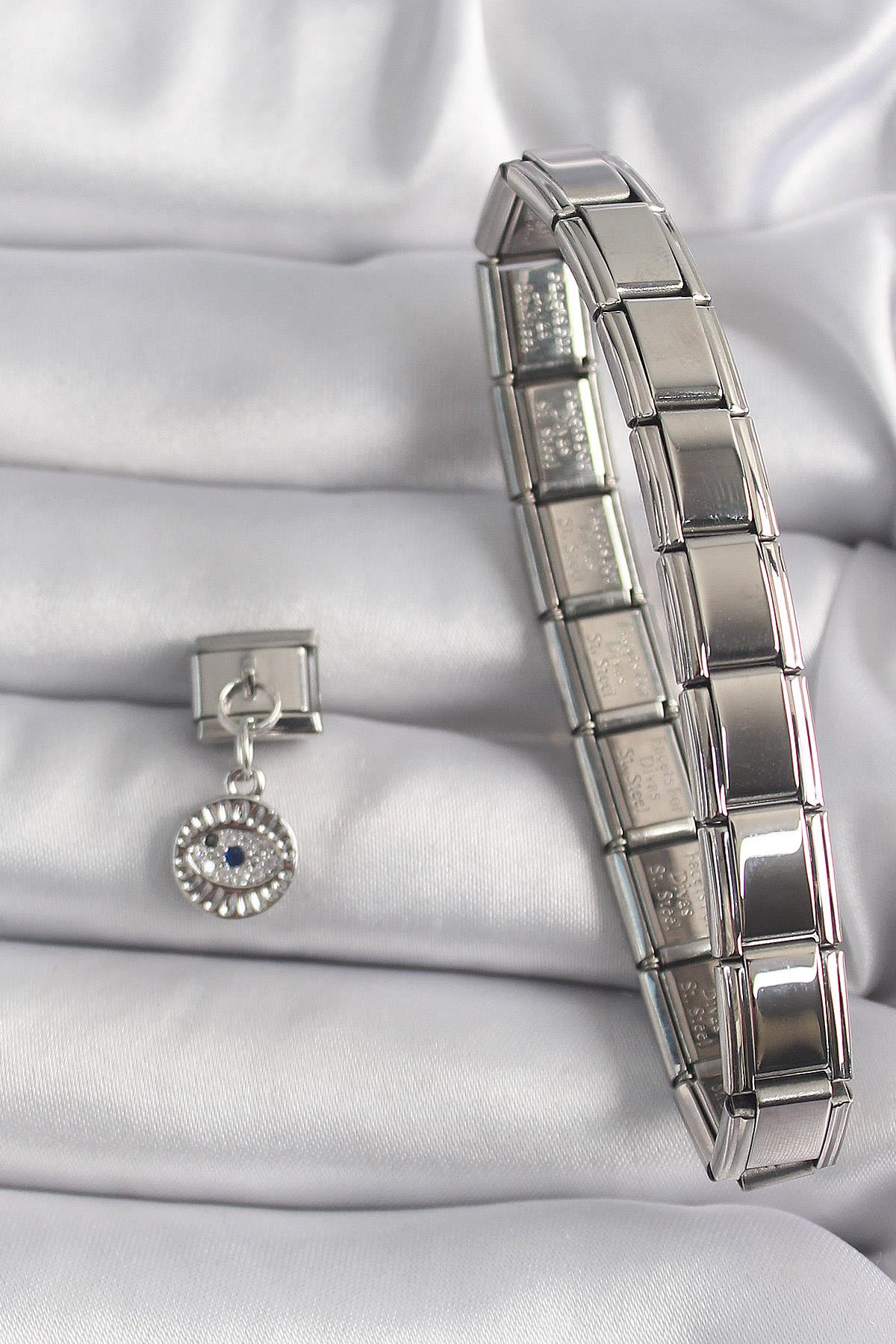 316L Çelik Gümüş Renk Sallantı Zirkon Taşlı Göz Model Nomination Charm