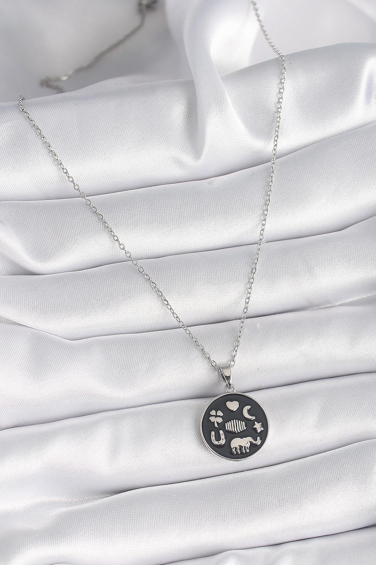 316L Çelik Gümüş Renk Siyah Renk Şans Kolyesi