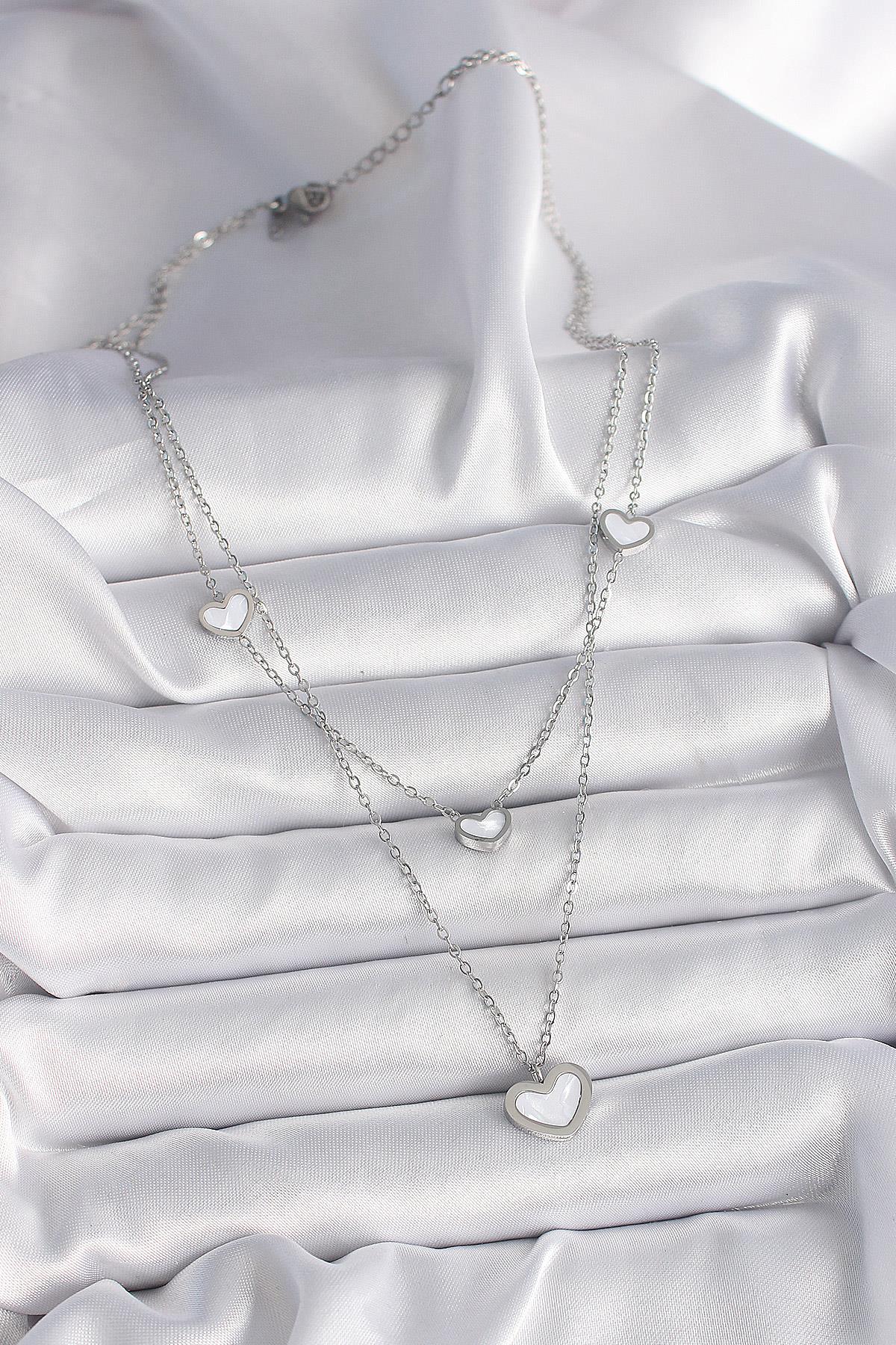 316L Çelik Gümüş Renk Zincir 2Li Zincir Kalp Model Kadın Kolye