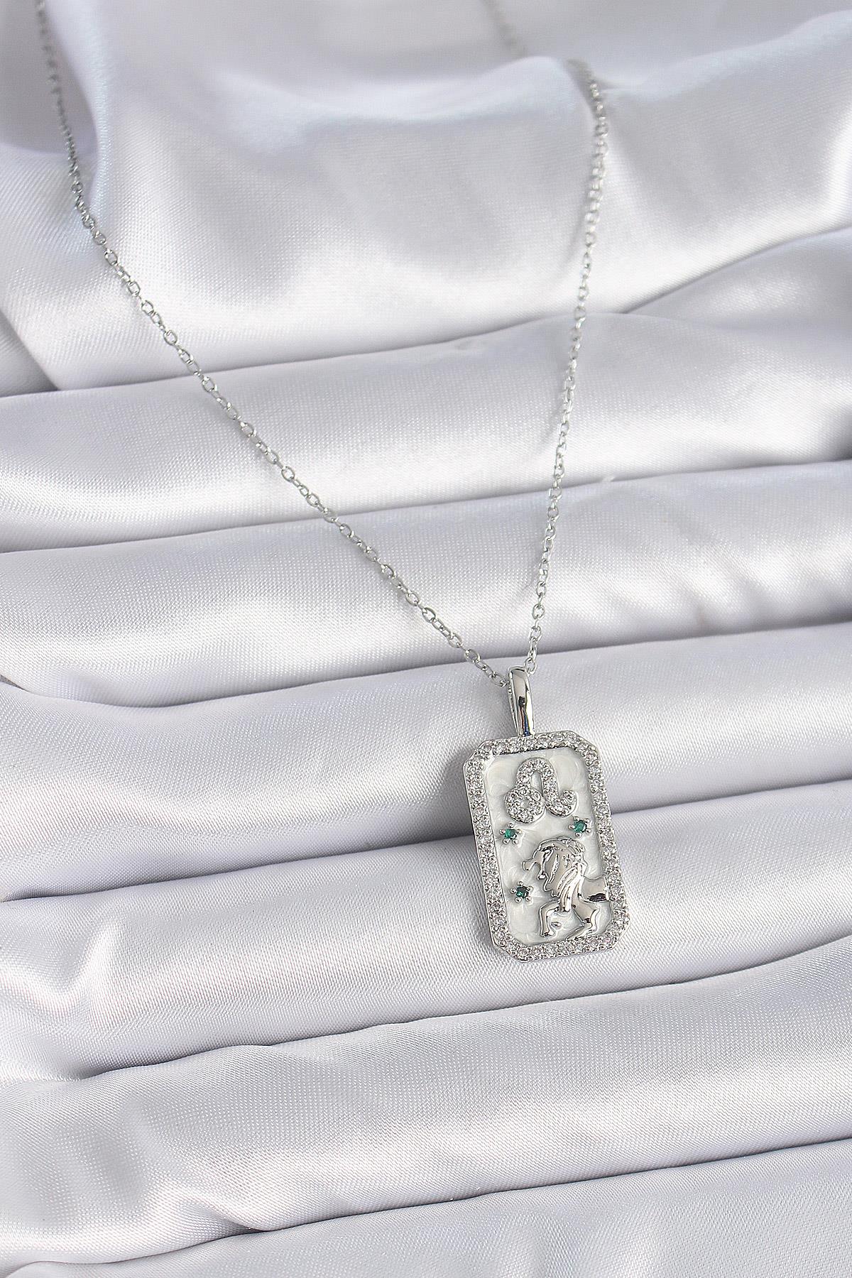 316L Çelik Gümüş Renk Zincir Aslan Burcu Zirkon Taşlı Kadın Kolye