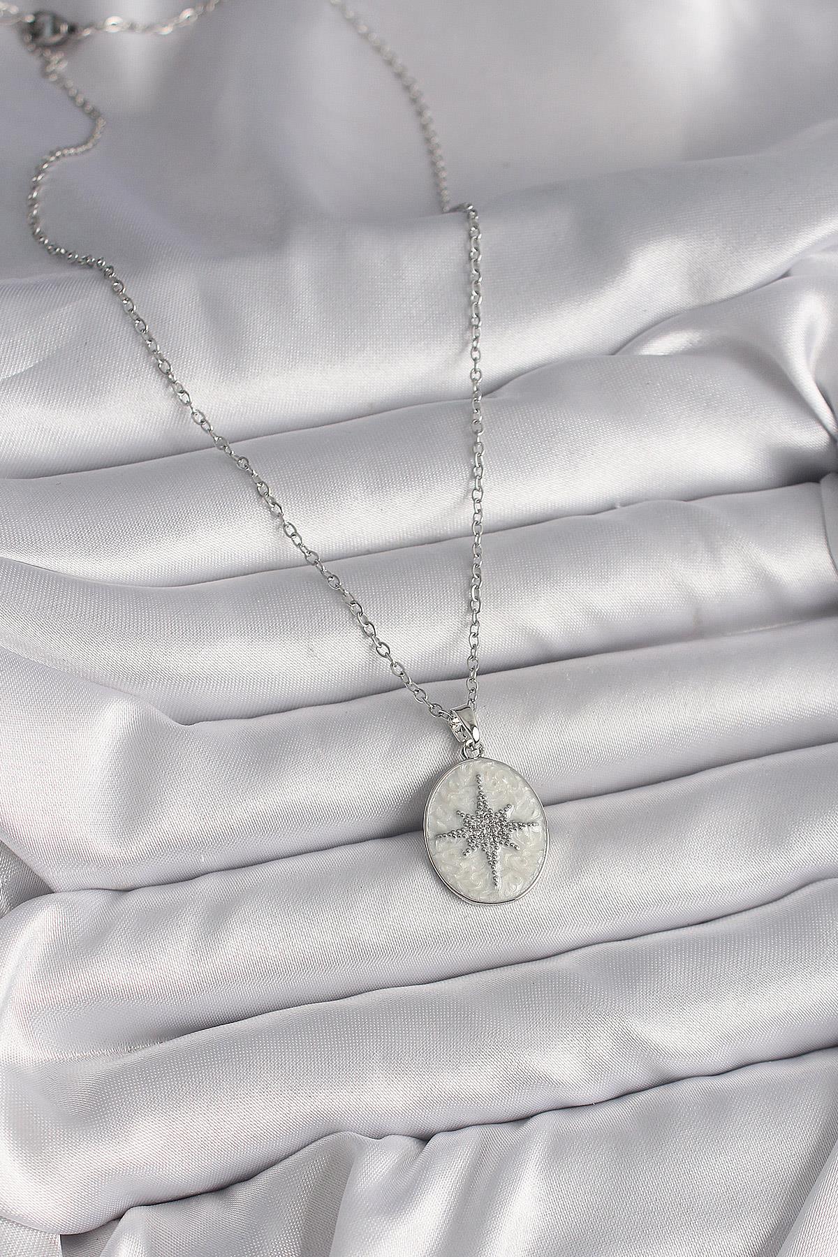 316L Çelik Gümüş Renk Zincir Beyaz Mineli Zirkon Taşlı Kutup Yıldız İşleme Kadın Kolye