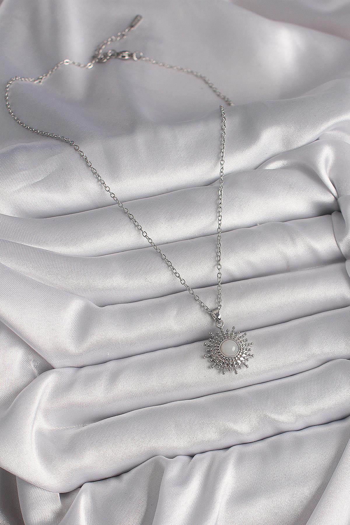 316L Çelik Gümüş Renk Zincir Beyaz Mineli Güneş Model Kadın Kolye