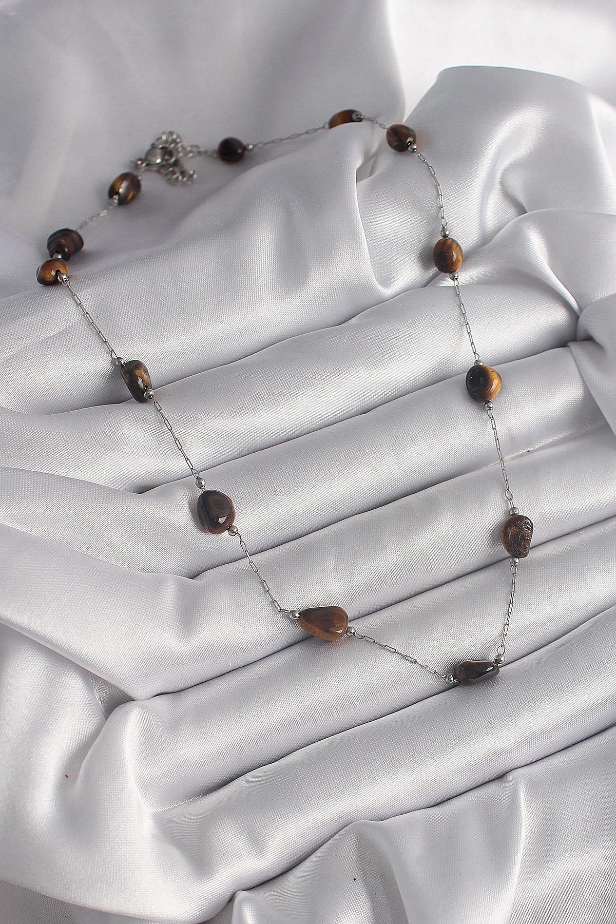 316L Çelik Gümüş Renk Zincir Kahverengi Doğaltaş Model Kadın Kolye