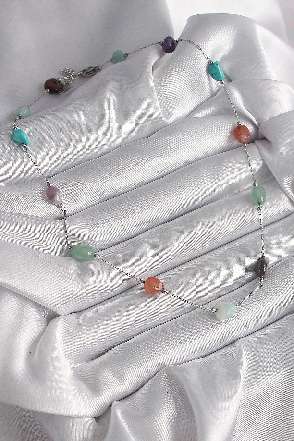 316L Çelik Gümüş Renk Zincir Renkli Doğaltaş Model Kadın Kolye