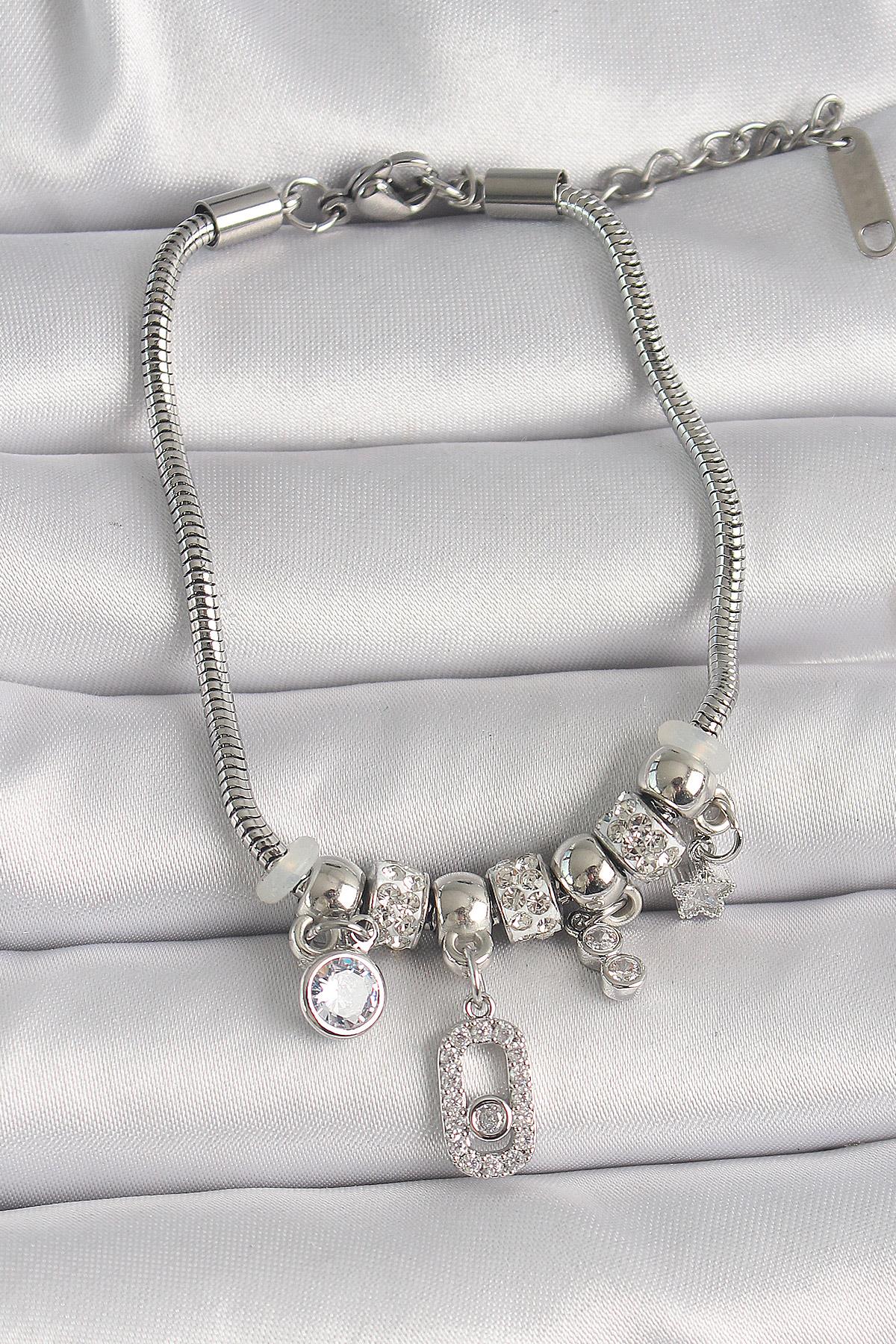 316L Çelik Gümüş Renk Zincir Sallantı Zirkon Taşlı Messika Figür Yıldız Detay Kadın Bileklik