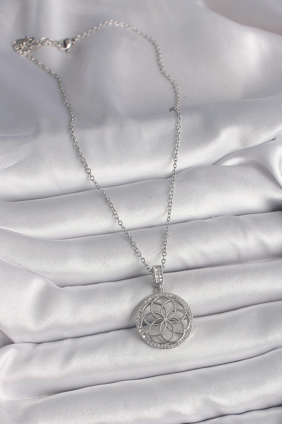 316L Çelik Gümüş Renk Zincir Zirkon Taşlı Lotus Model Kadın Kolye
