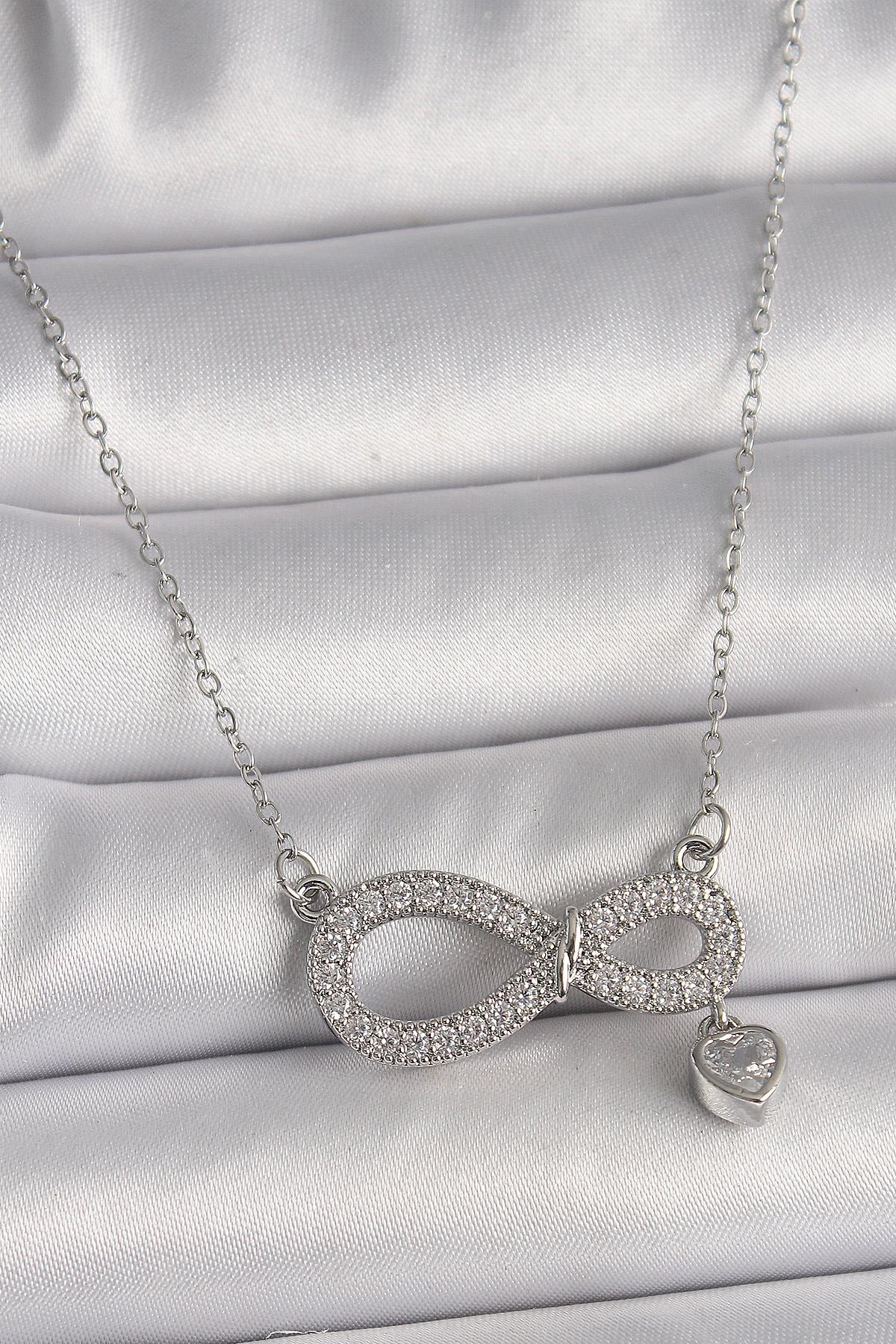 316L Çelik Gümüş Renk Zincir Zirkon Taşlı Sonsuzluk Model Taşlı Kalp Detay Kadın Kolye
