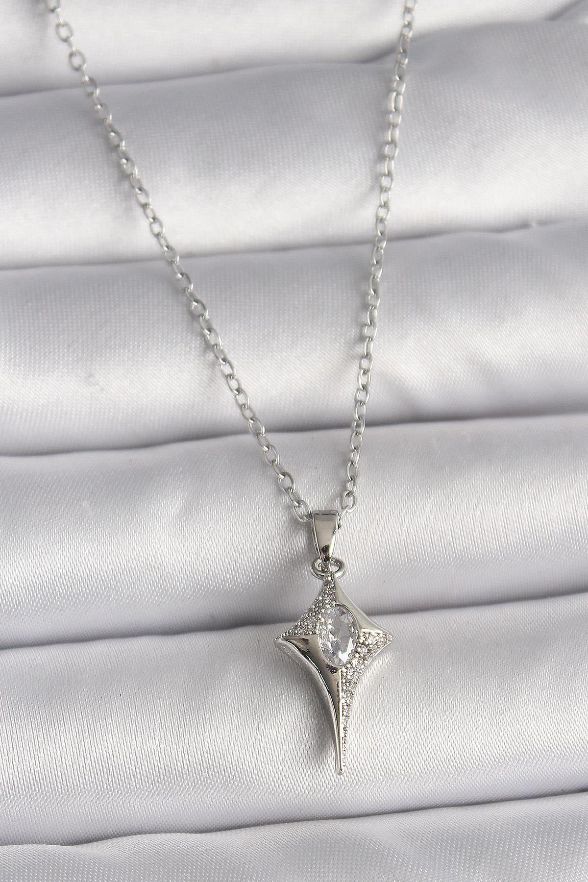 316L Çelik Gümüş Renk Zincir Zirkon Taşlı Kuzey Yıldızı Model Kadın Kolye
