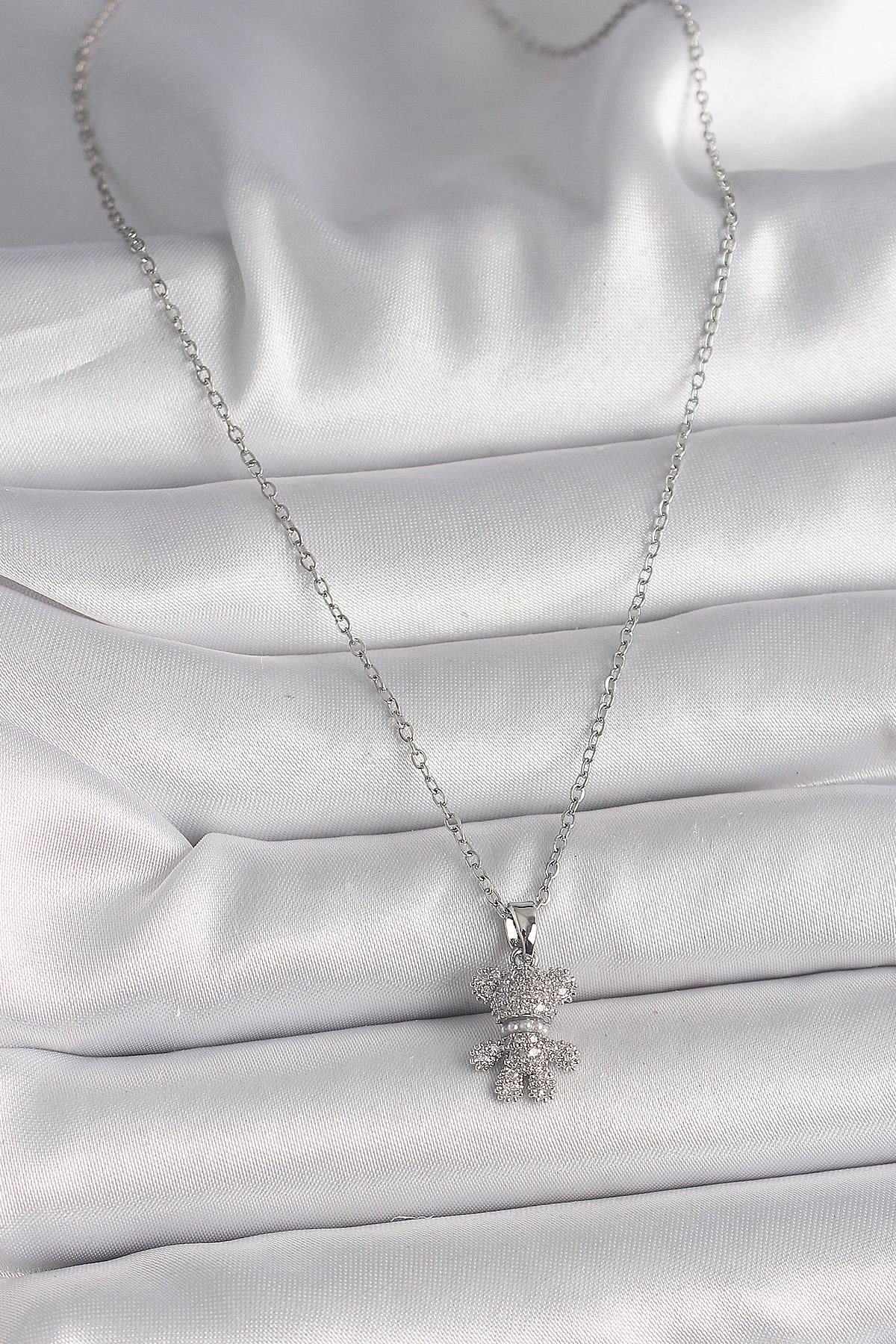 316L Çelik Gümüş Renk Zincir Zirkon Taşlı Ayıcık Figür Kadın Kolye