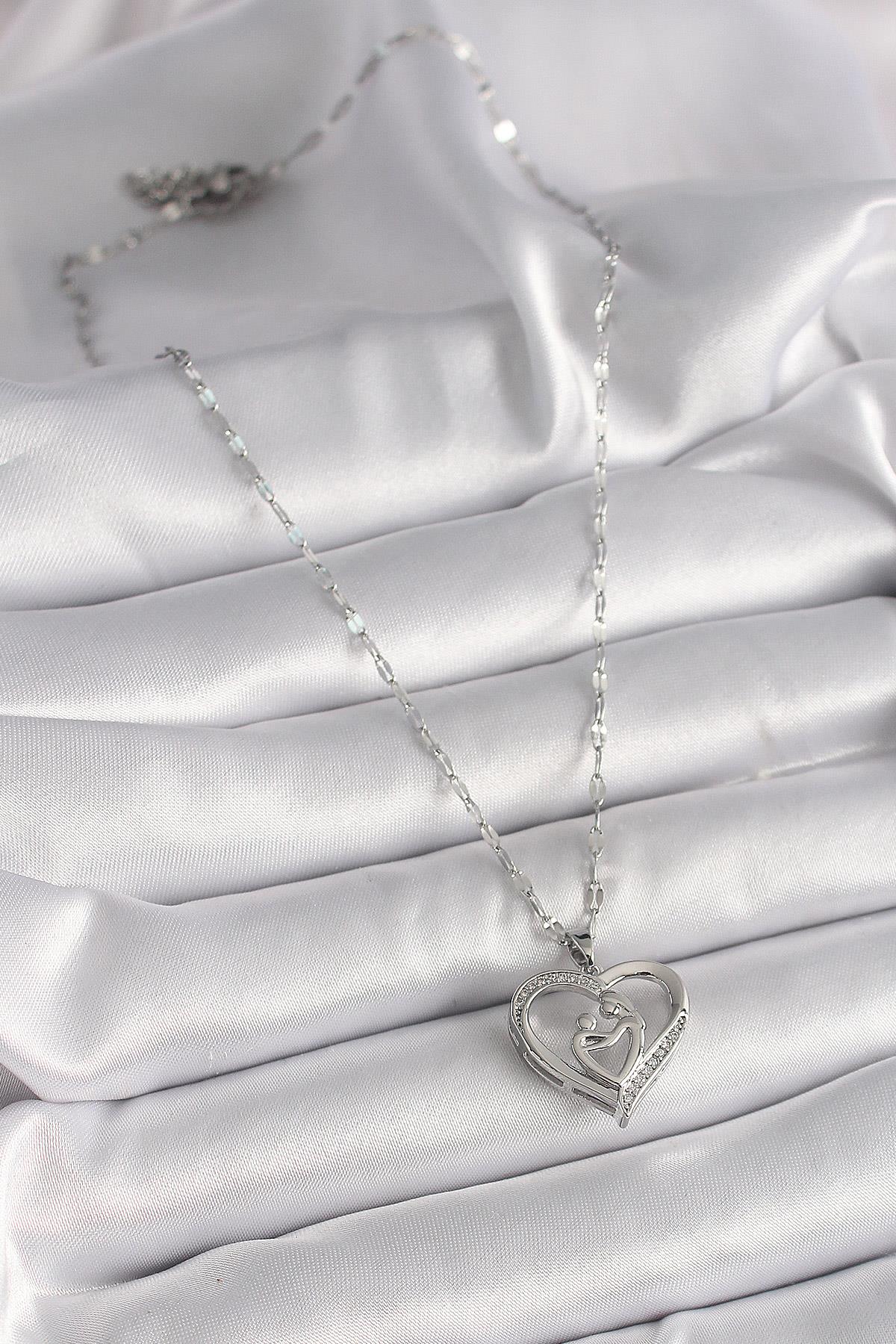 316L Çelik Gümüş Renk Zincir Zirkon Taşlı Kalp Anne Çocuk Figür Kadın Kolye