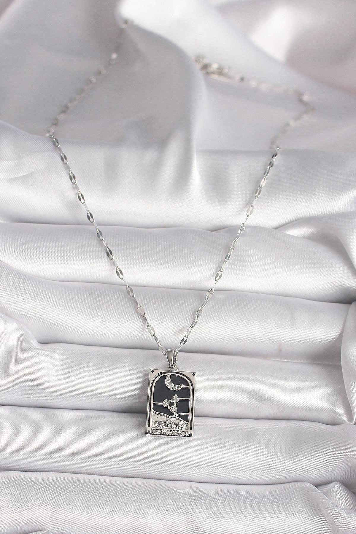 316L Çelik Gümüş Renk Zirkon Taşlı  Ay Figürlü Taror Model Kadın Kolye